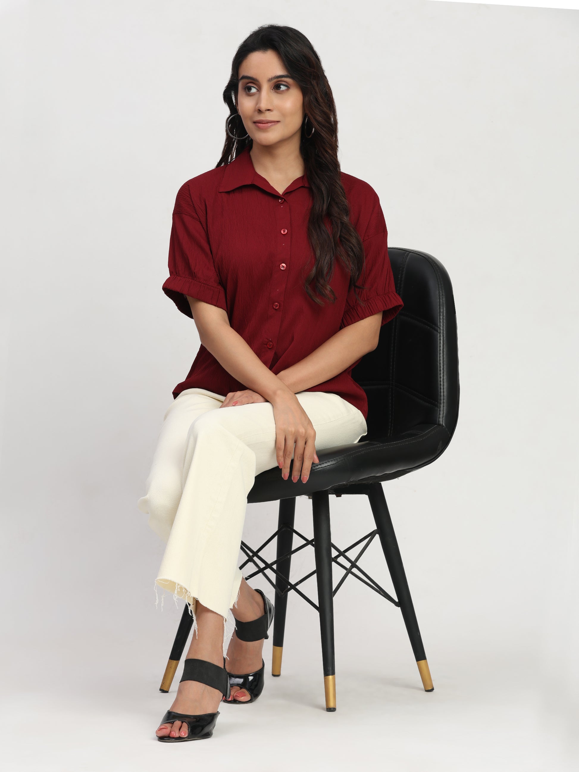 TrendRush Women Maroon Kaftan Style Elasticated Sleeve Shirt