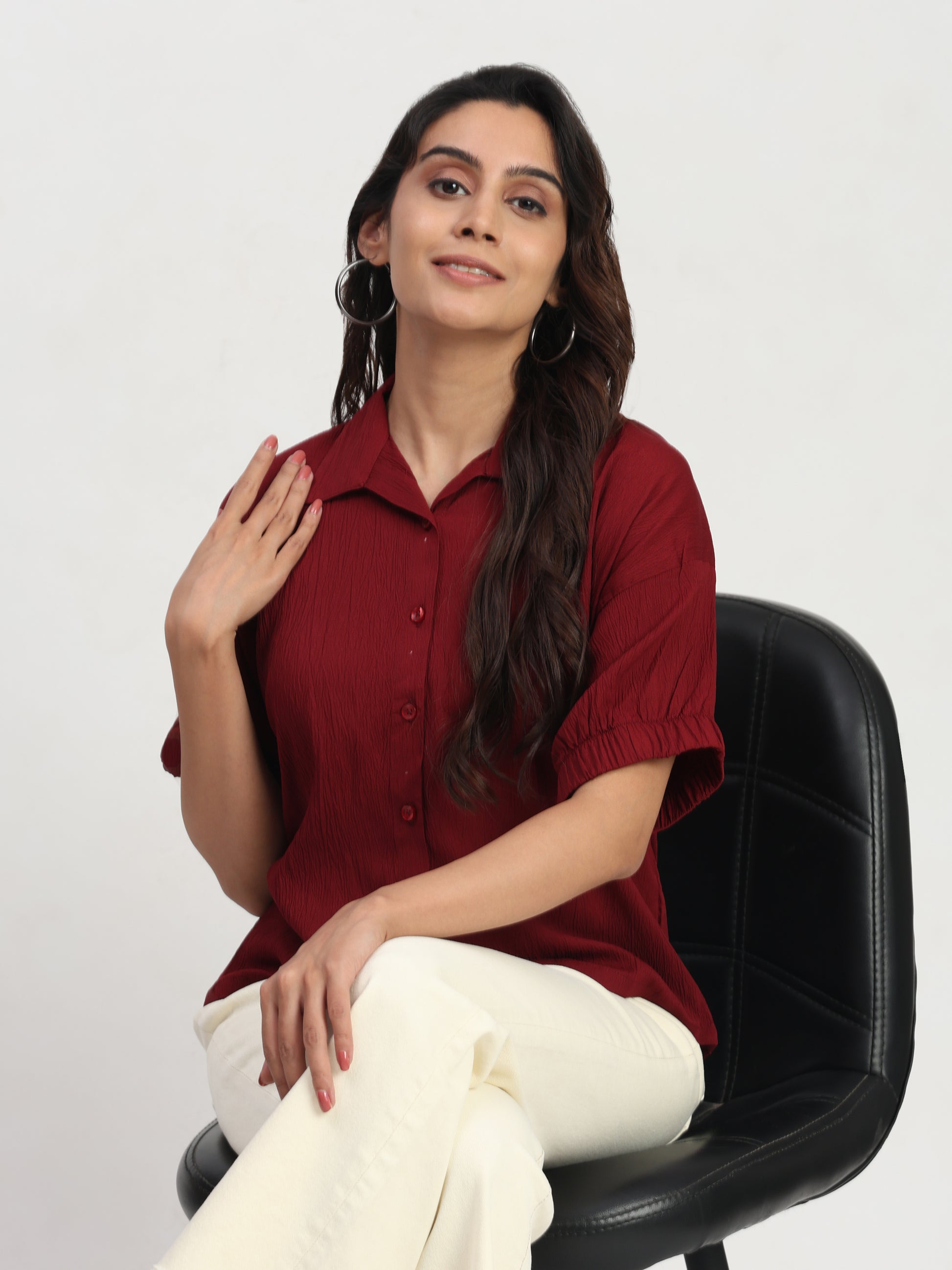 TrendRush Women Maroon Kaftan Style Elasticated Sleeve Shirt