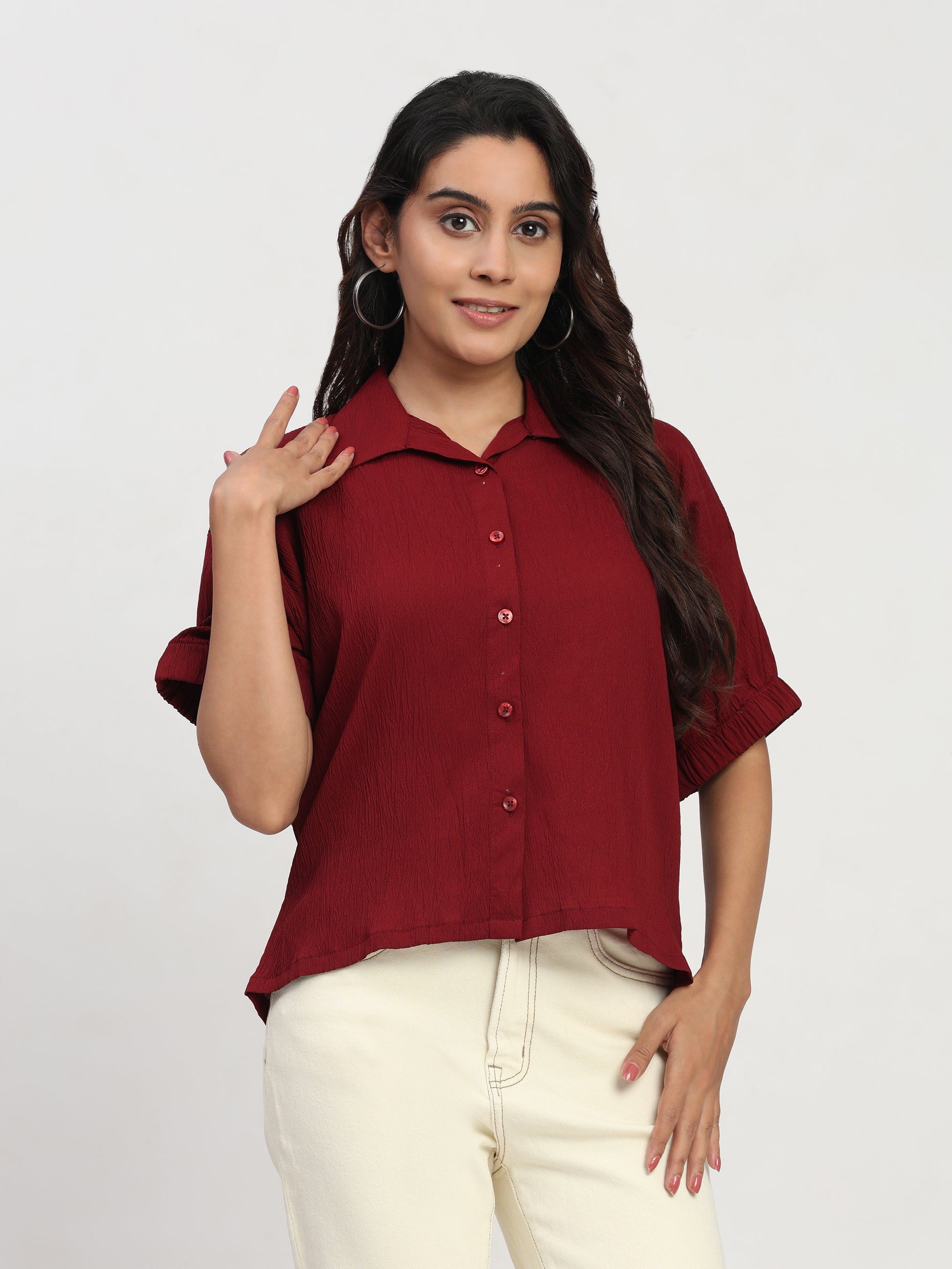 TrendRush Women Maroon Kaftan Style Elasticated Sleeve Shirt