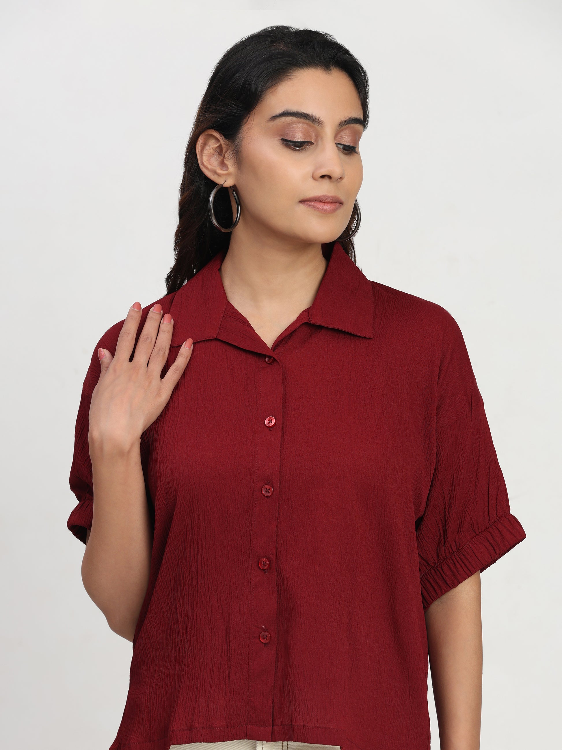 TrendRush Women Maroon Kaftan Style Elasticated Sleeve Shirt
