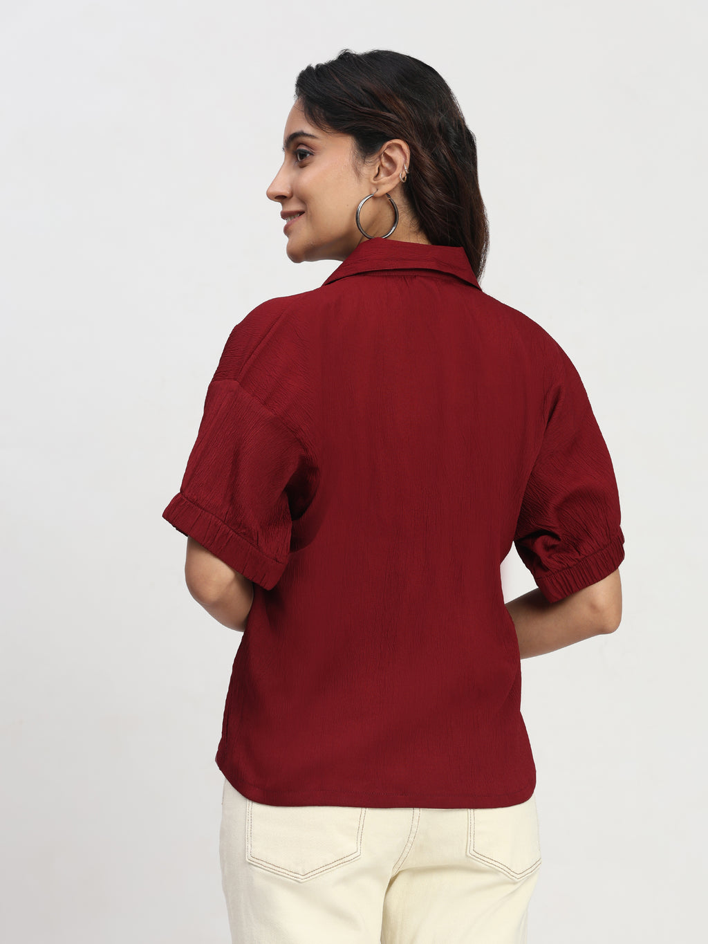TrendRush Women Maroon Kaftan Style Elasticated Sleeve Shirt