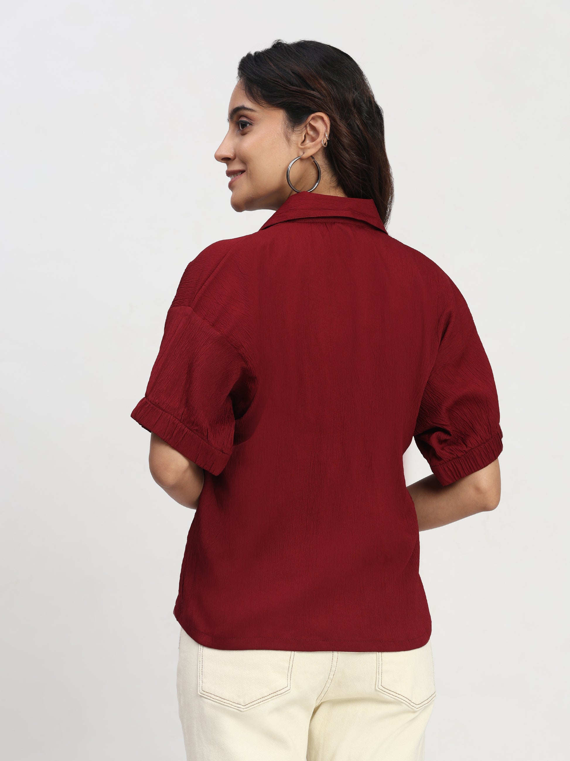 TrendRush Women Maroon Kaftan Style Elasticated Sleeve Shirt
