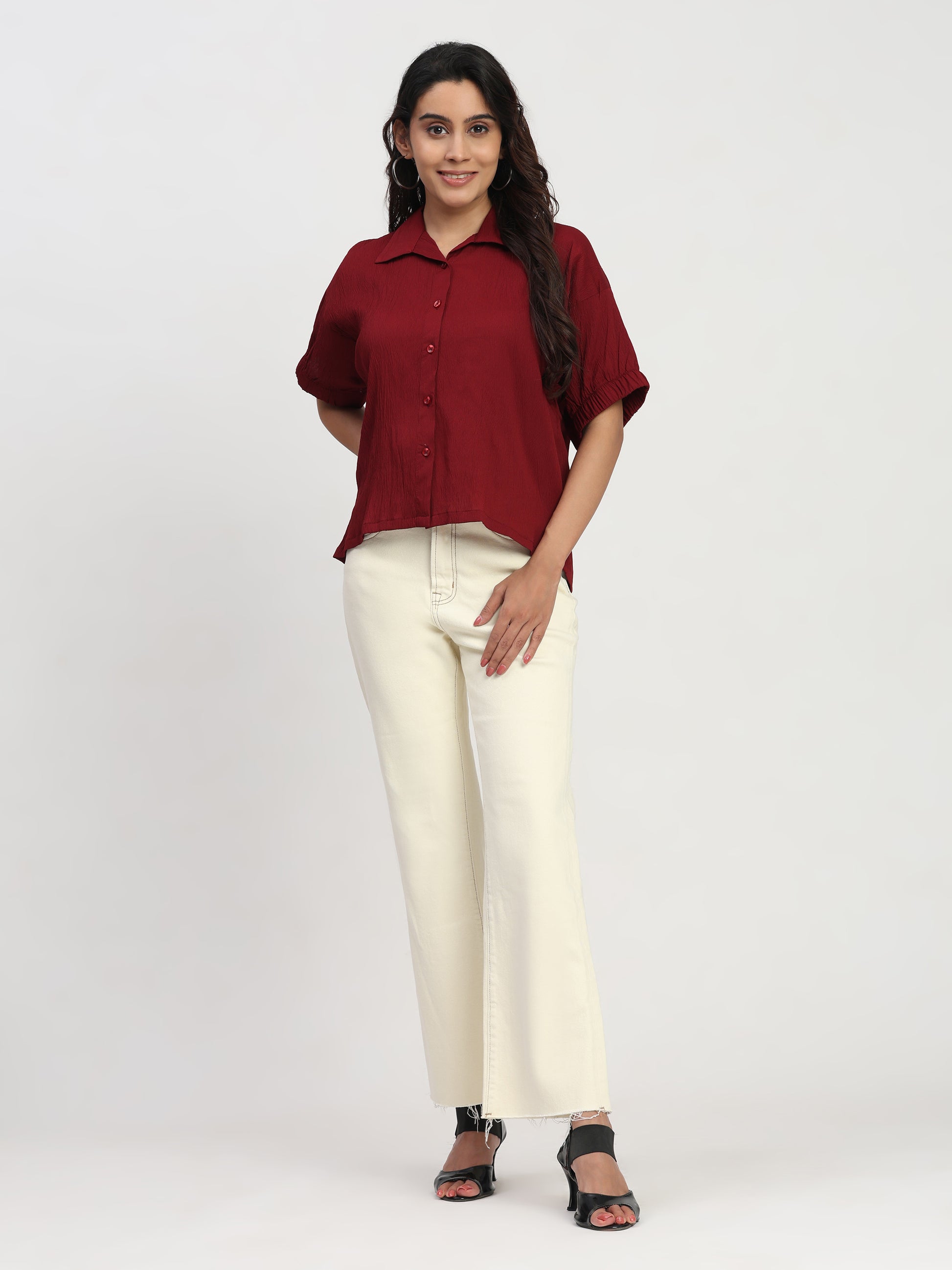 TrendRush Women Maroon Kaftan Style Elasticated Sleeve Shirt