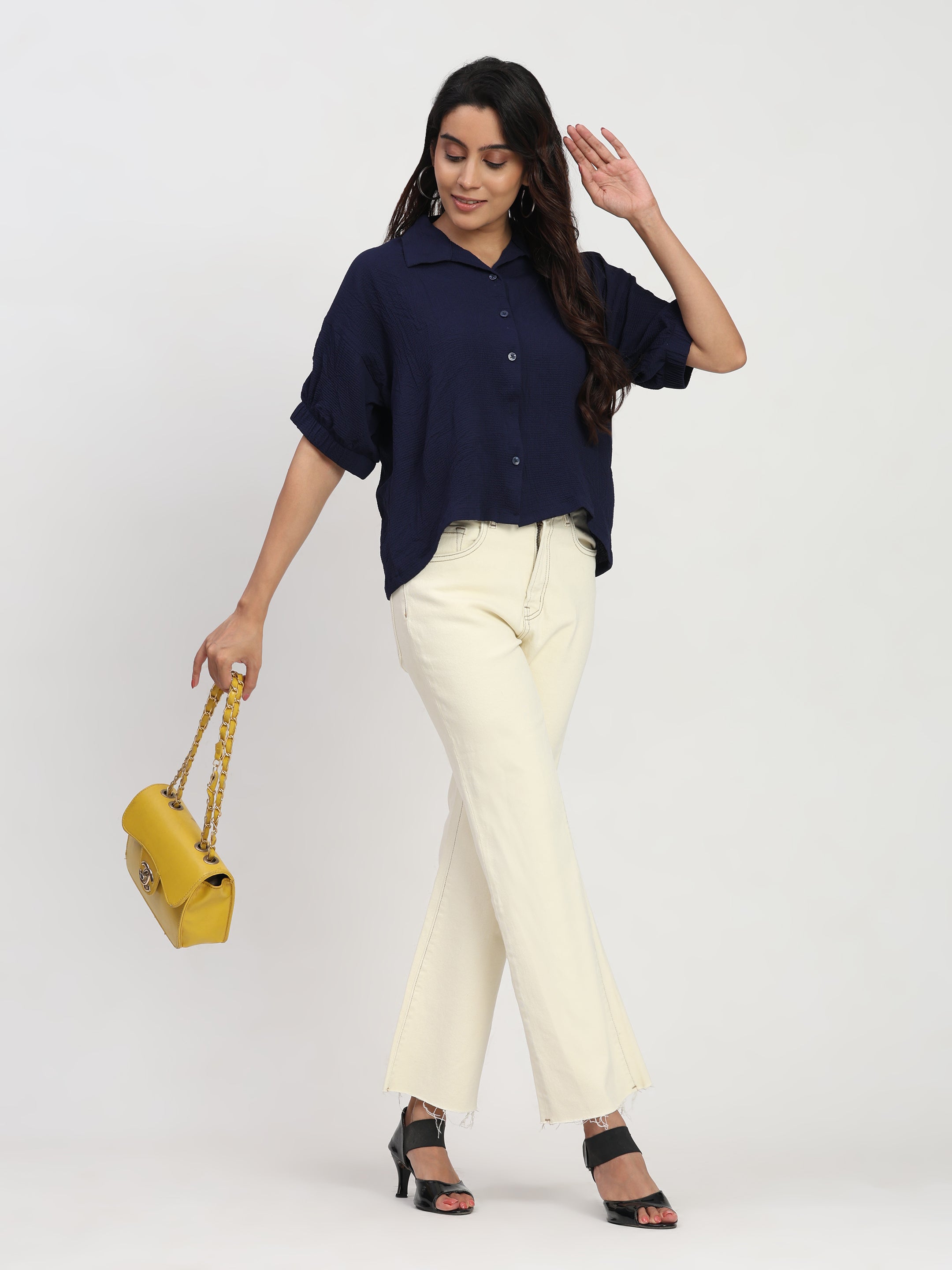 TrendRush Women Blue Kaftan Style Elasticated Sleeve Shirt