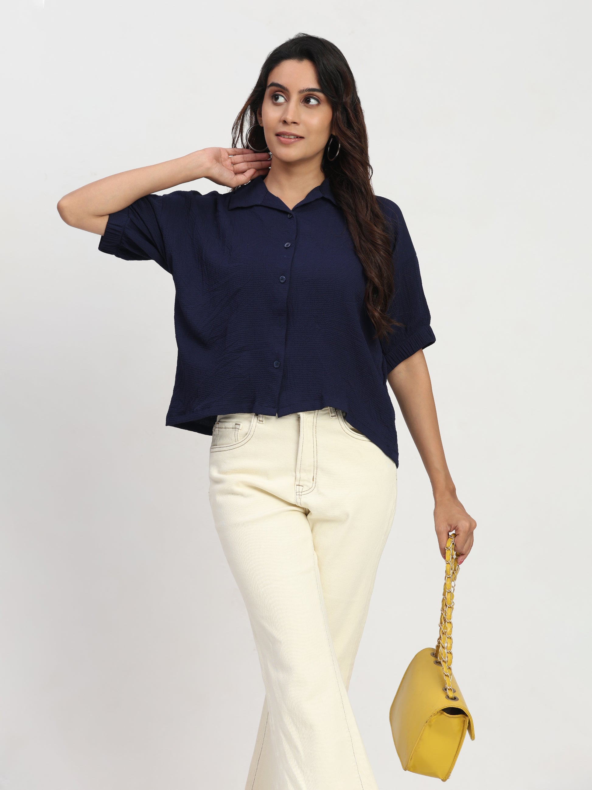TrendRush Women Blue Kaftan Style Elasticated Sleeve Shirt