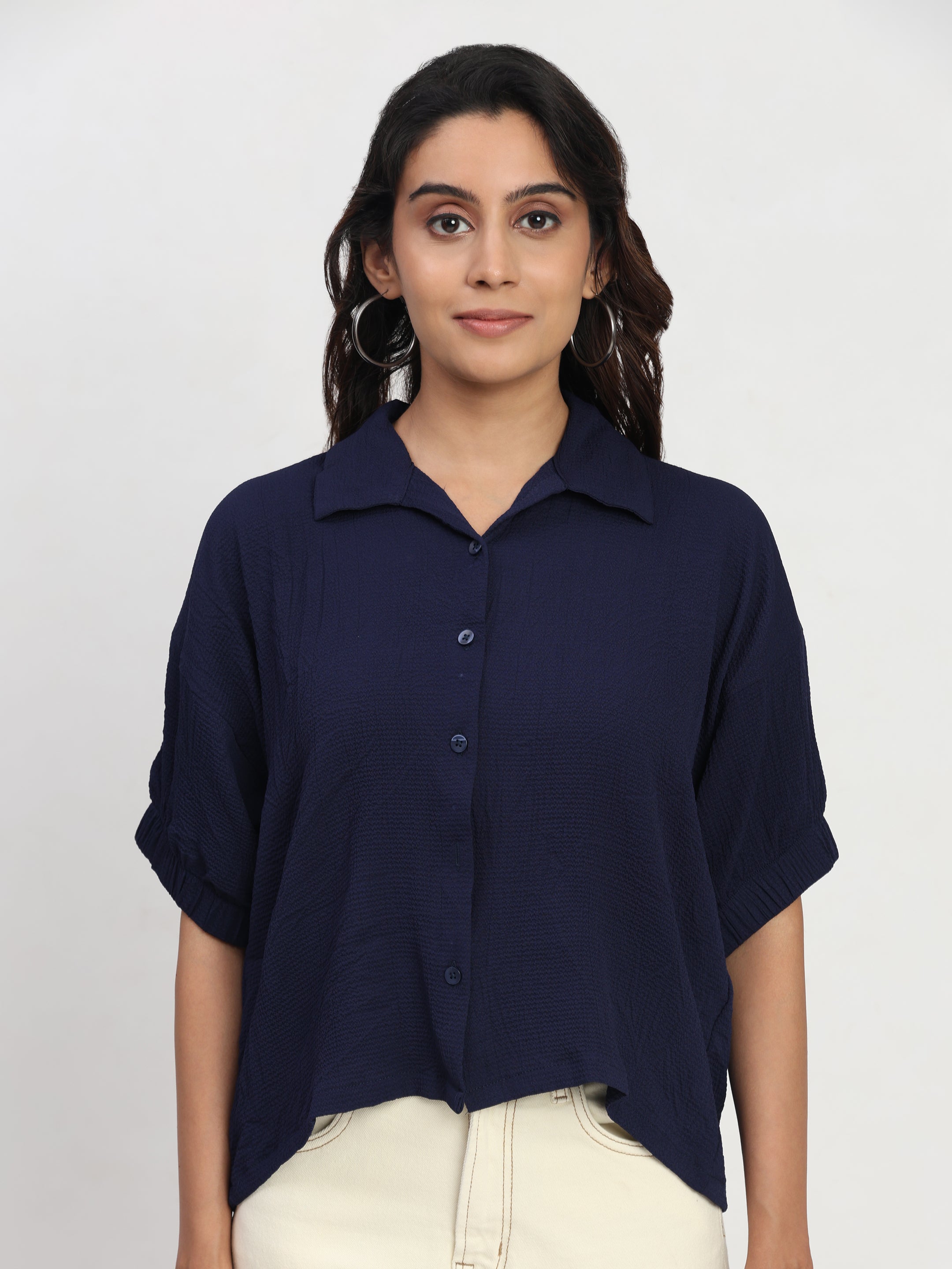 TrendRush Women Blue Kaftan Style Elasticated Sleeve Shirt