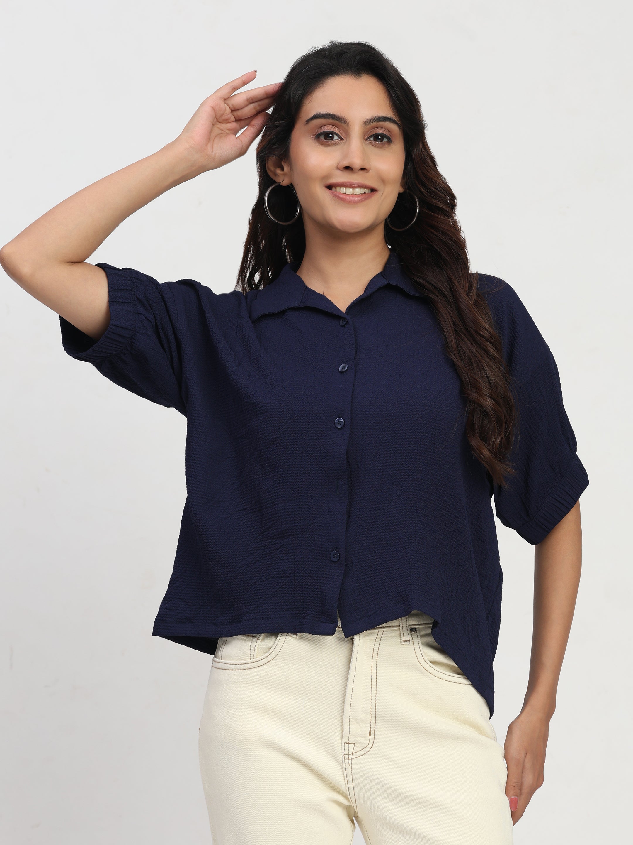 TrendRush Women Blue Kaftan Style Elasticated Sleeve Shirt