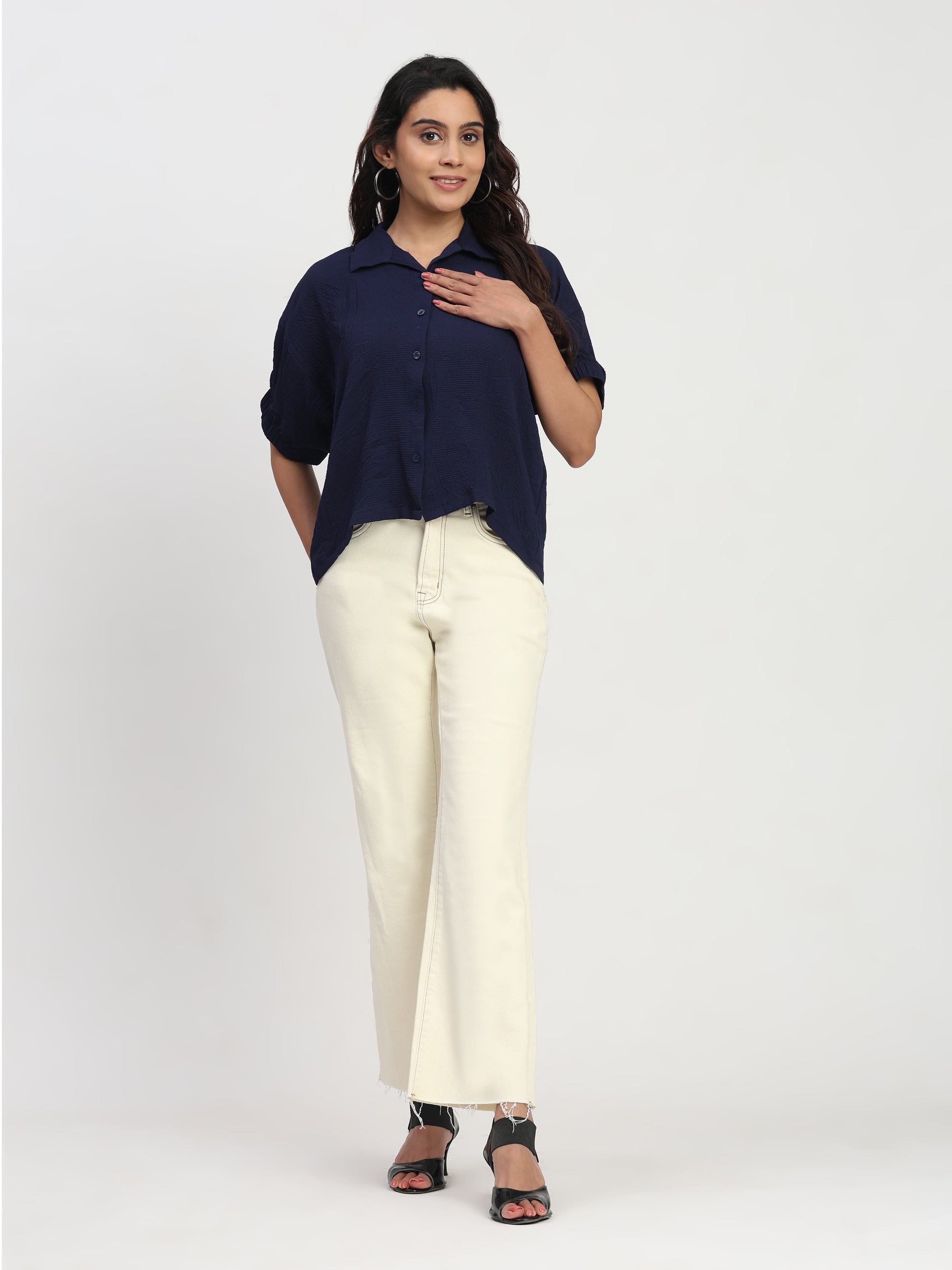 TrendRush Women Blue Kaftan Style Elasticated Sleeve Shirt