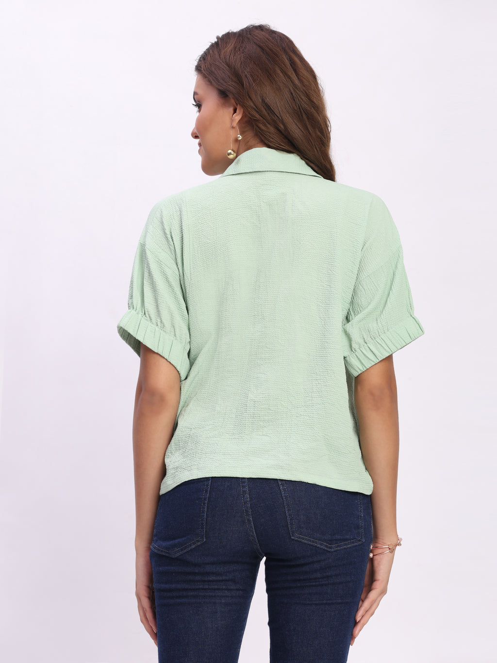 Trendrush Women Light Green Shirt Collar Top with Kimono Sleeves