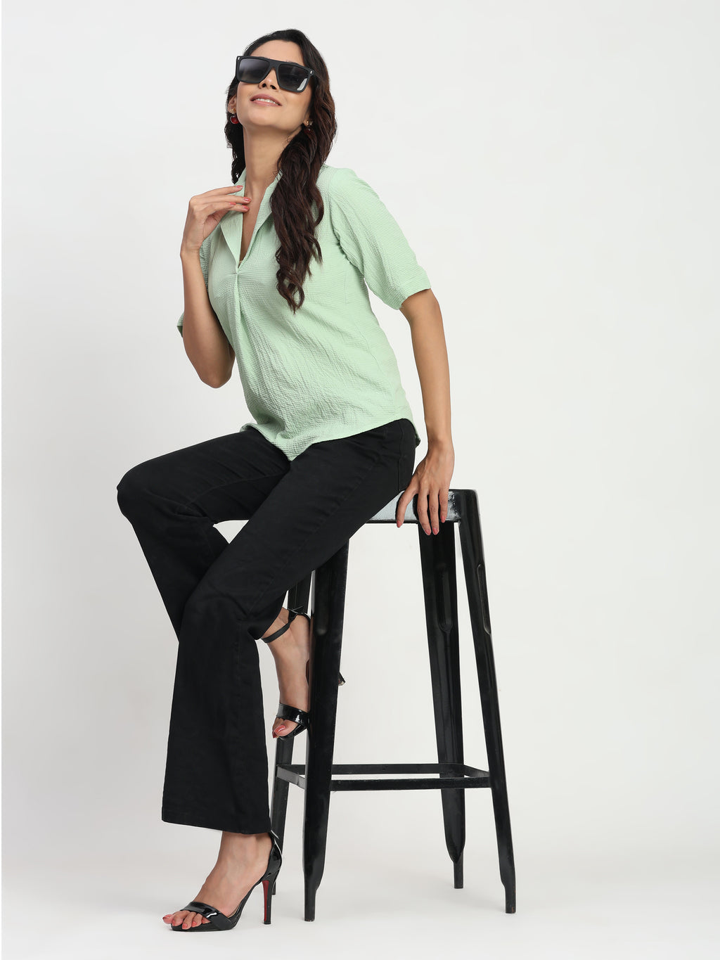 TrendRush Women Light Green V-Neck Short Sleeve Solid Formal Top