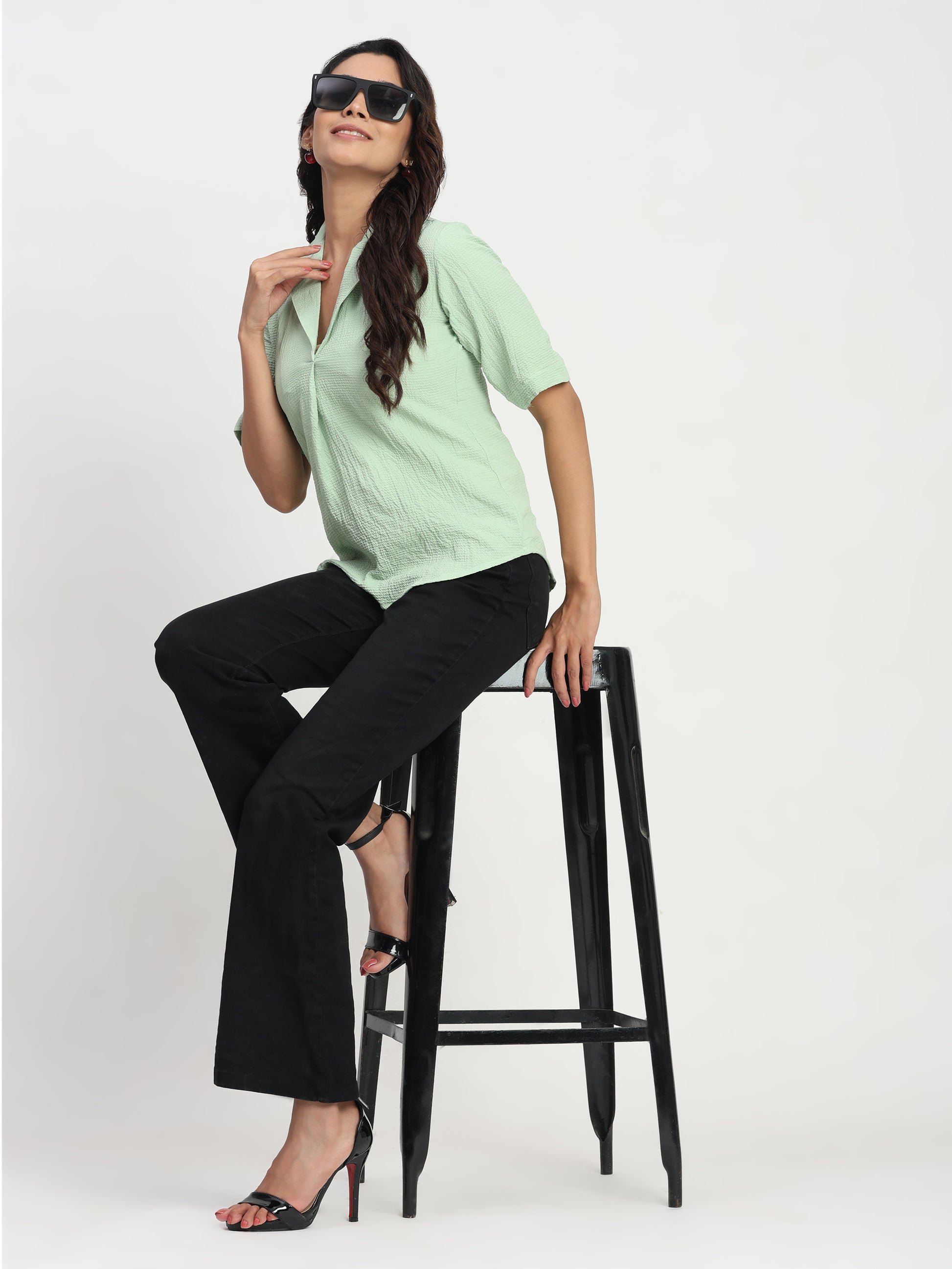 TrendRush Women Light Green V-Neck Short Sleeve Solid Formal Top