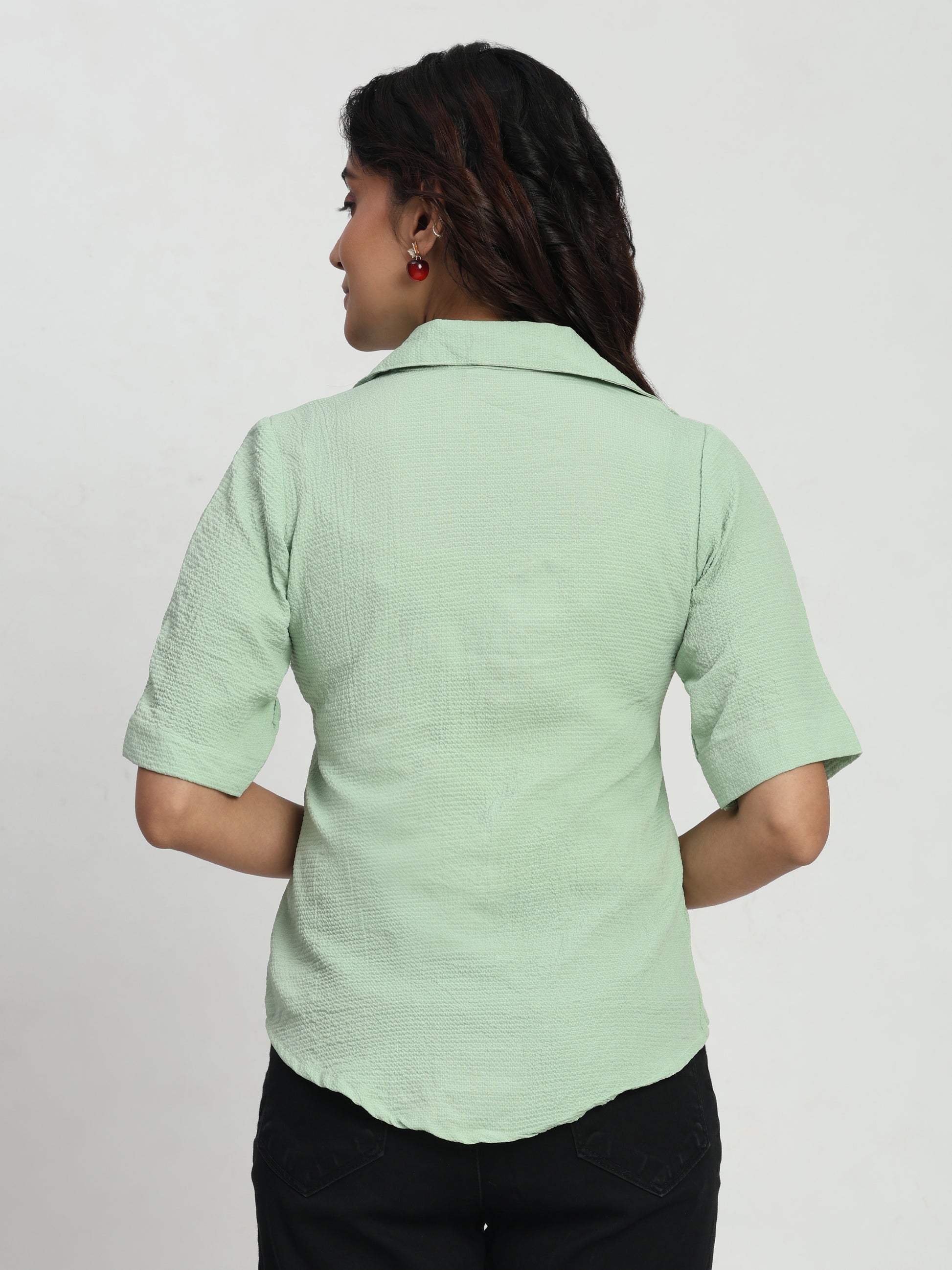 TrendRush Women Light Green V-Neck Short Sleeve Solid Formal Top