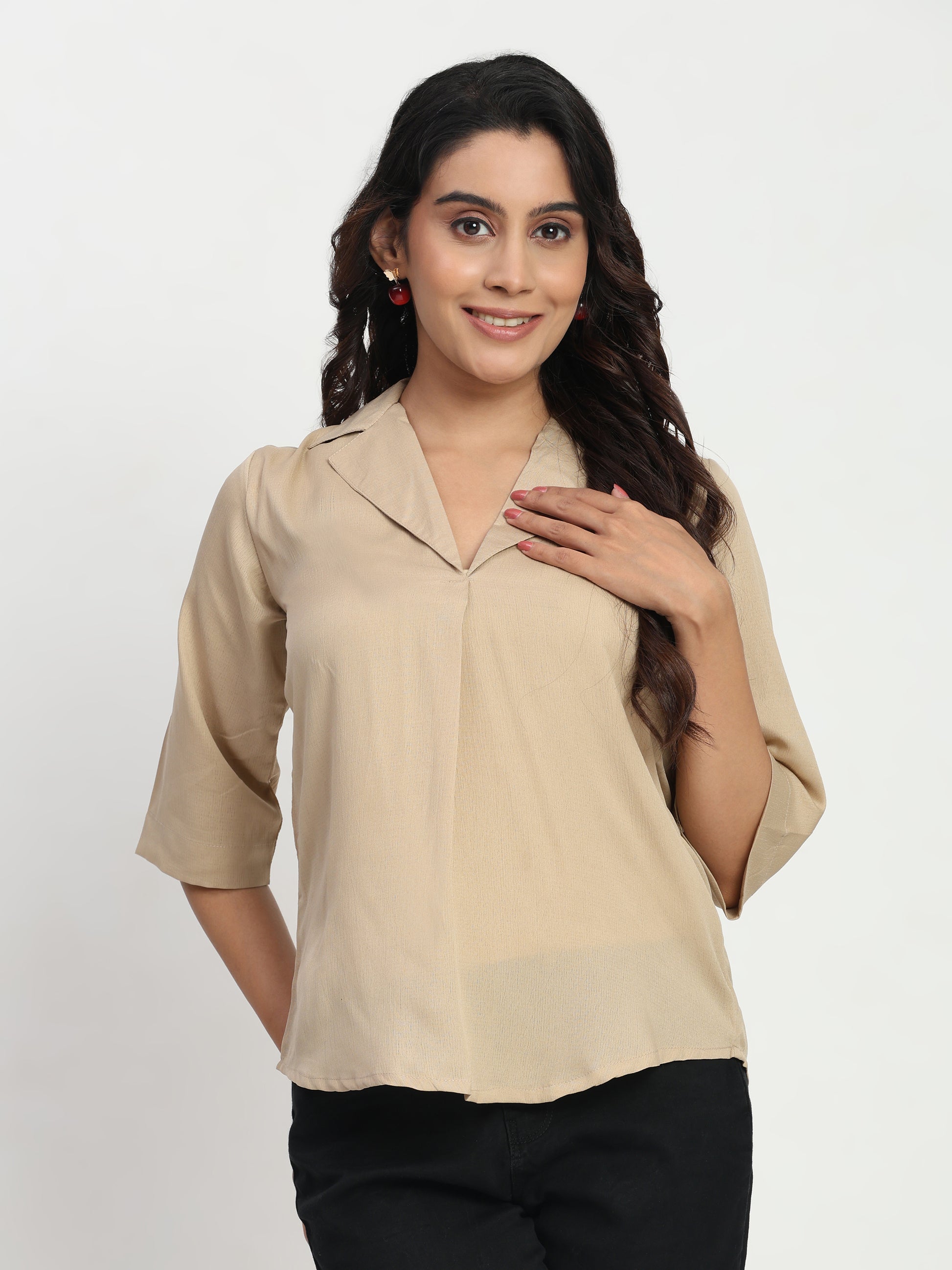 TrendRush Women Beige V-Neck Short Sleeve Casual Solid Top