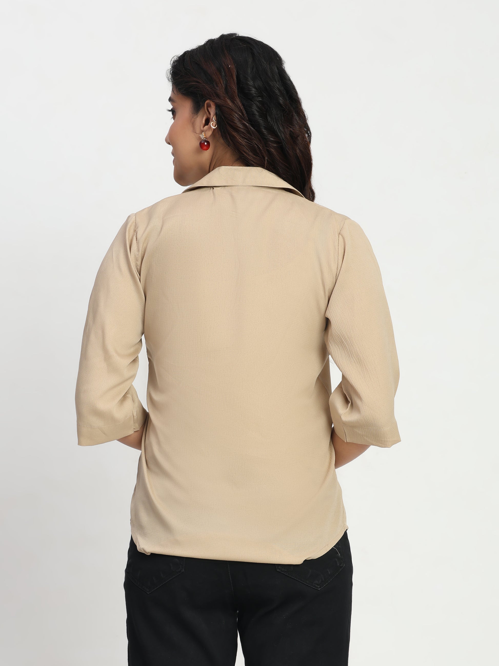 TrendRush Women Beige V-Neck Short Sleeve Casual Solid Top