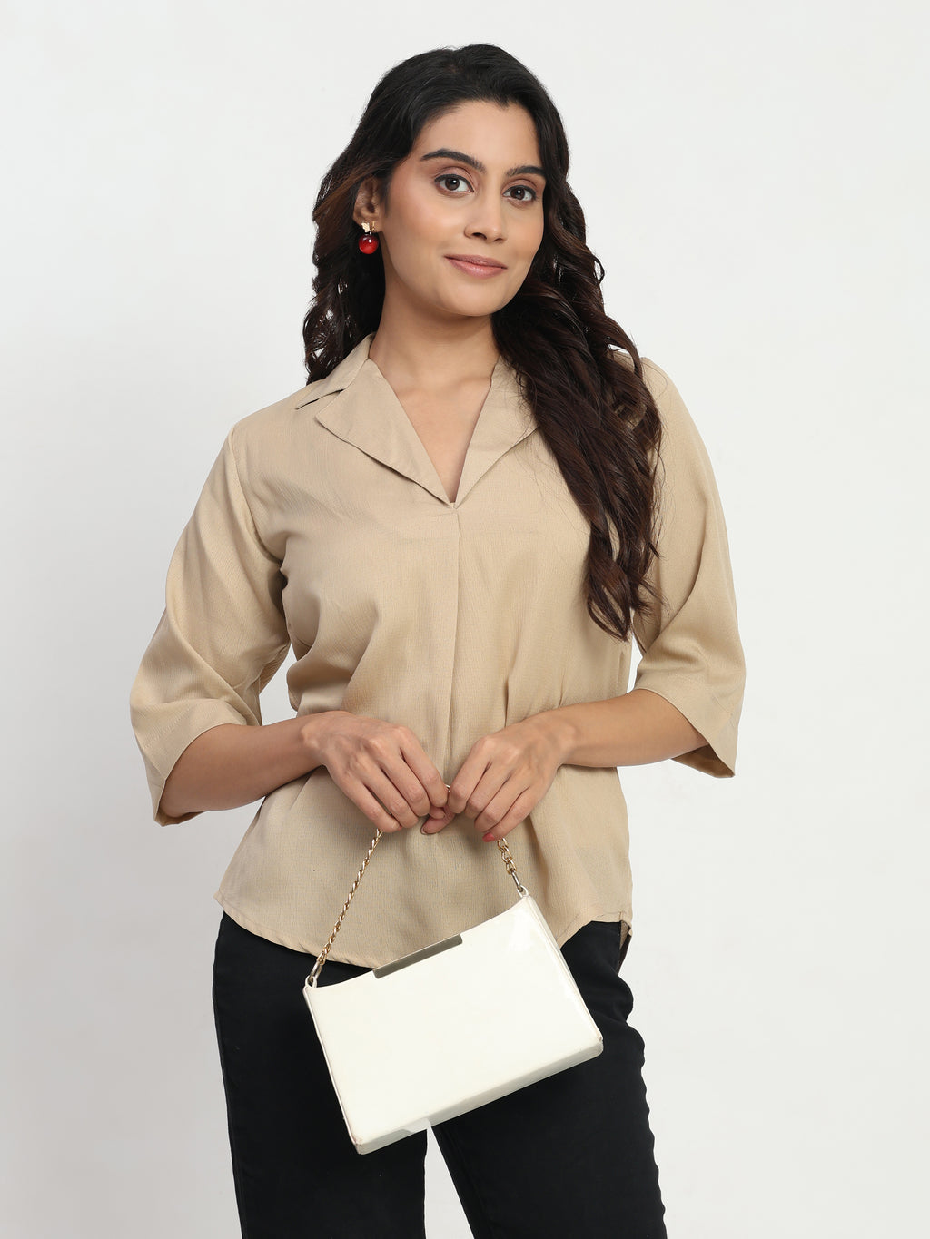 TrendRush Women Beige V-Neck Short Sleeve Casual Solid Top