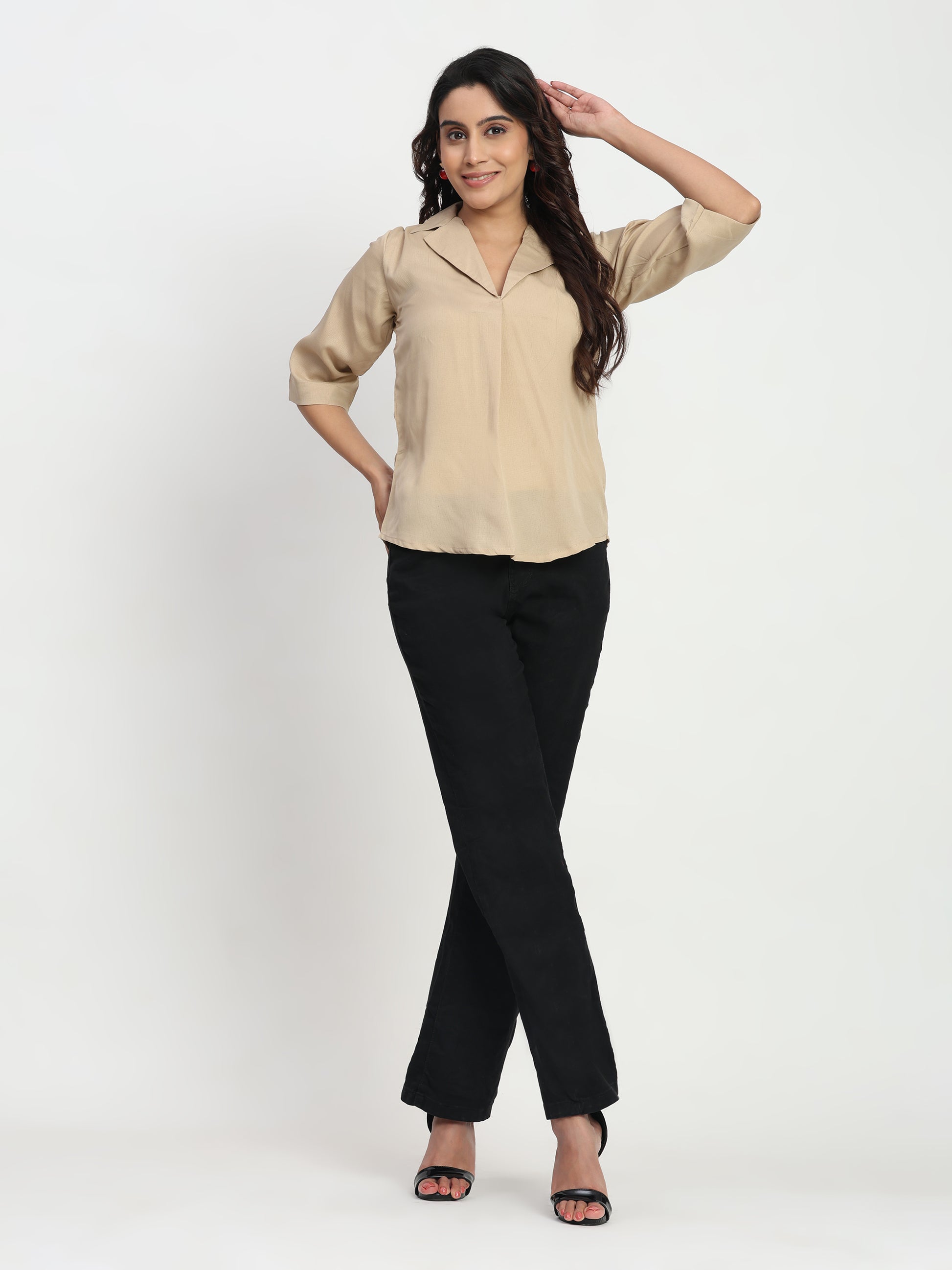 TrendRush Women Beige V-Neck Short Sleeve Casual Solid Top