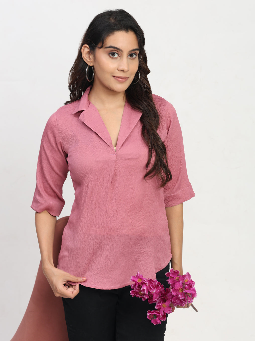 TrendRush Women Pink V-Neck Short Sleeve Trendy Solid Top
