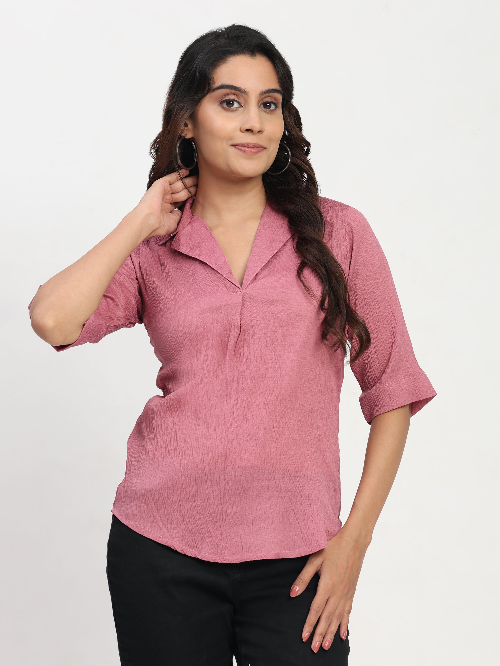 TrendRush Women Pink V-Neck Short Sleeve Trendy Solid Top
