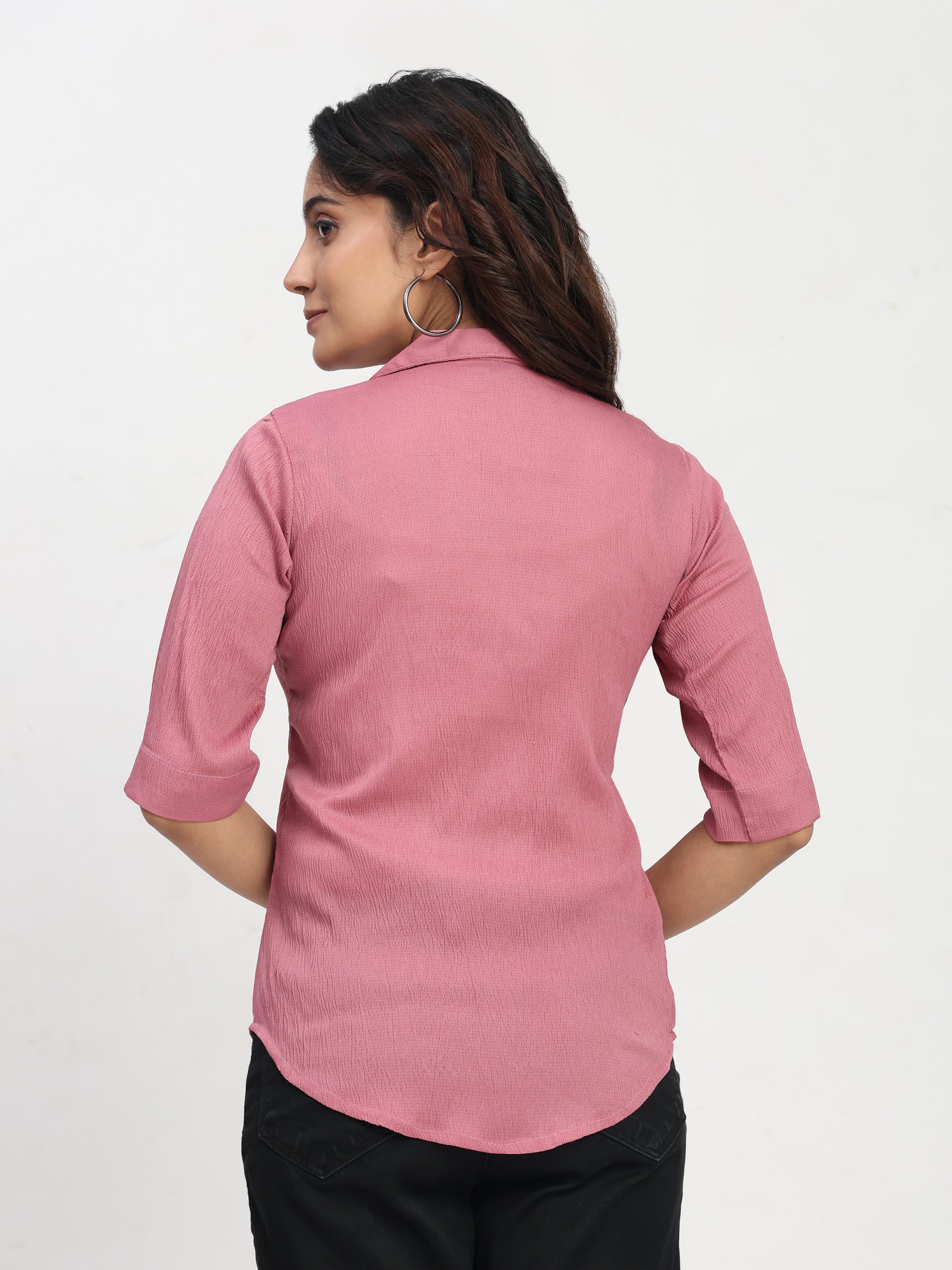 TrendRush Women Pink V-Neck Short Sleeve Trendy Solid Top