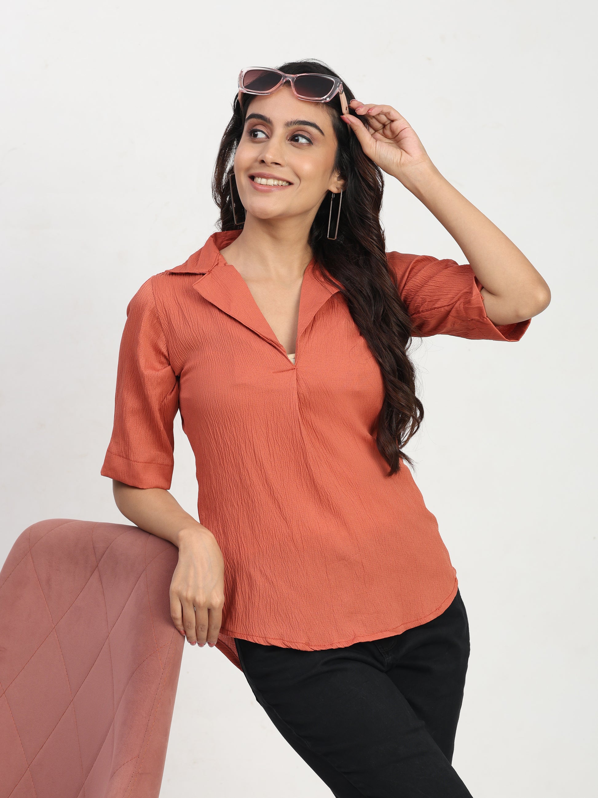 TrendRush Women Orange V-Neck Short Sleeve Smart Casual Solid Top