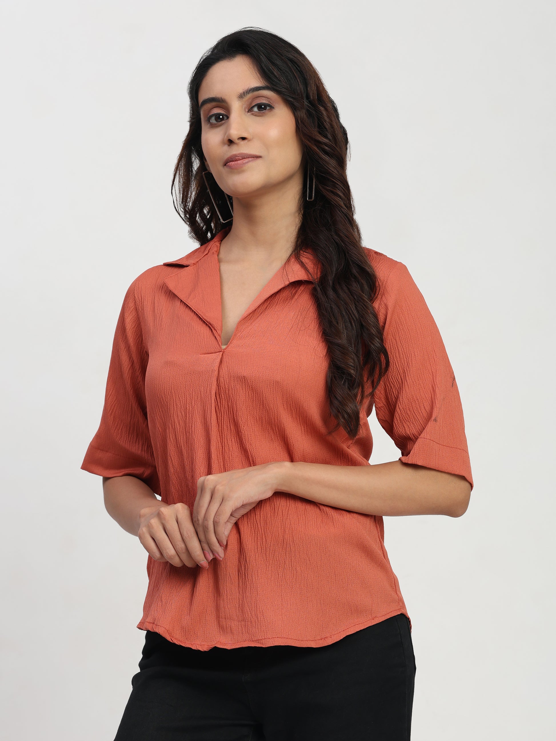 TrendRush Women Orange V-Neck Short Sleeve Smart Casual Solid Top
