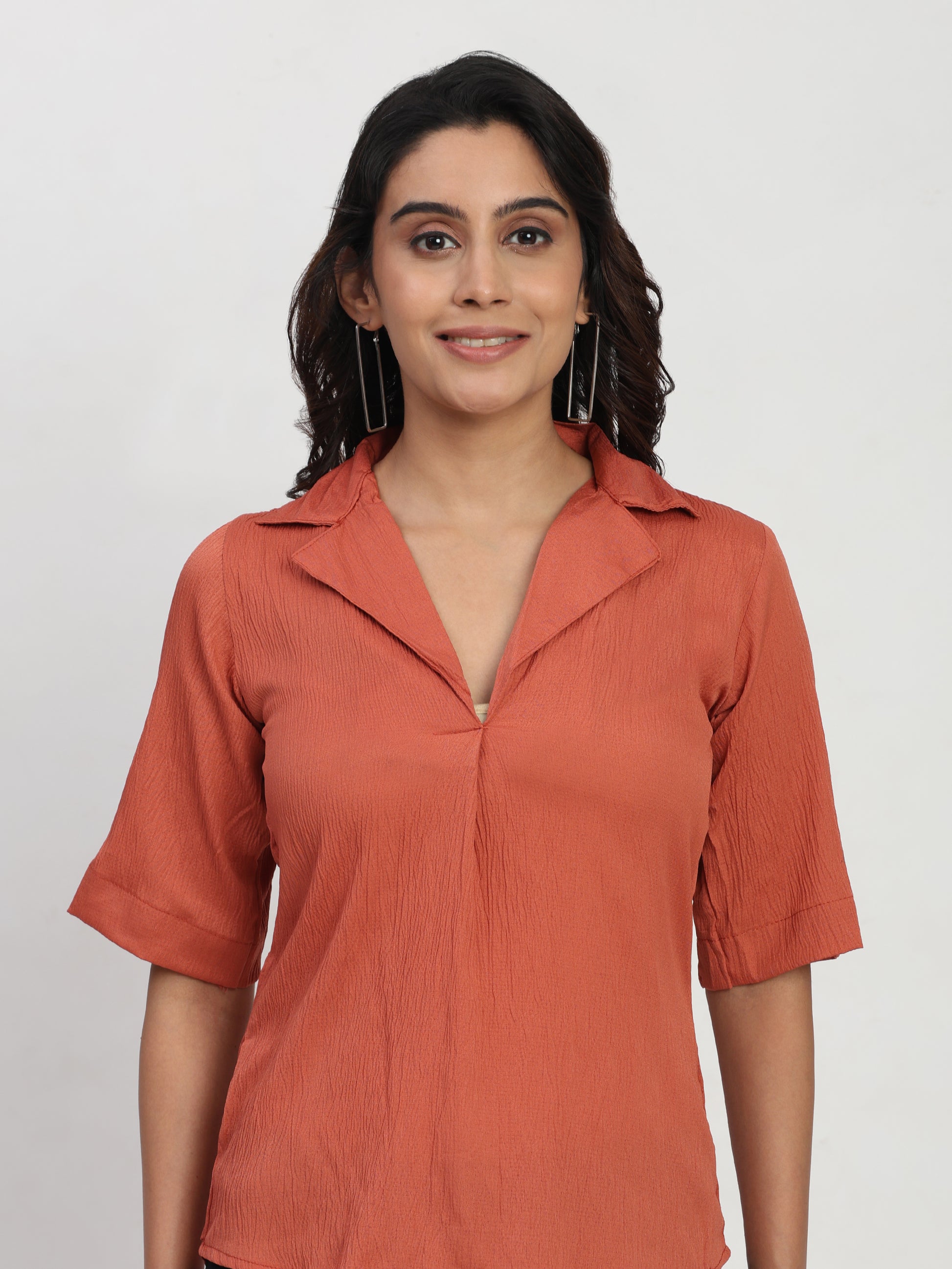 TrendRush Women Orange V-Neck Short Sleeve Smart Casual Solid Top