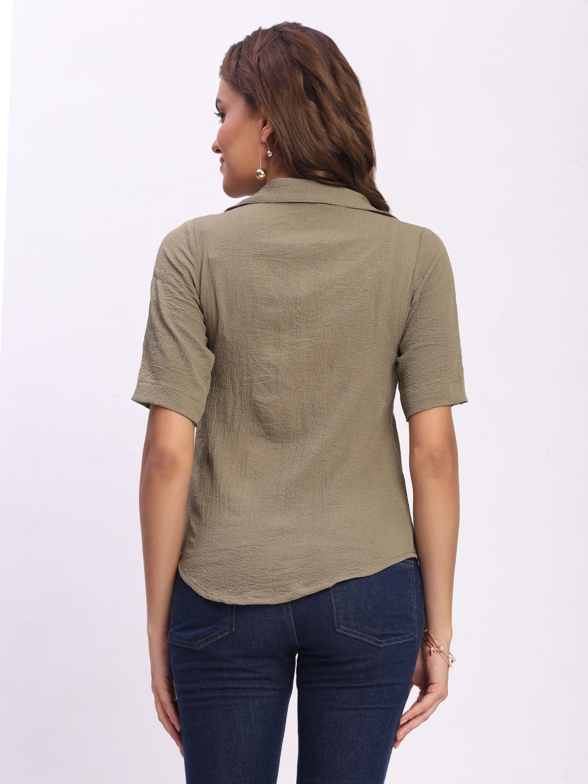 Trendrush Women Khakhee Green Lapel Collar Short Sleeve Top