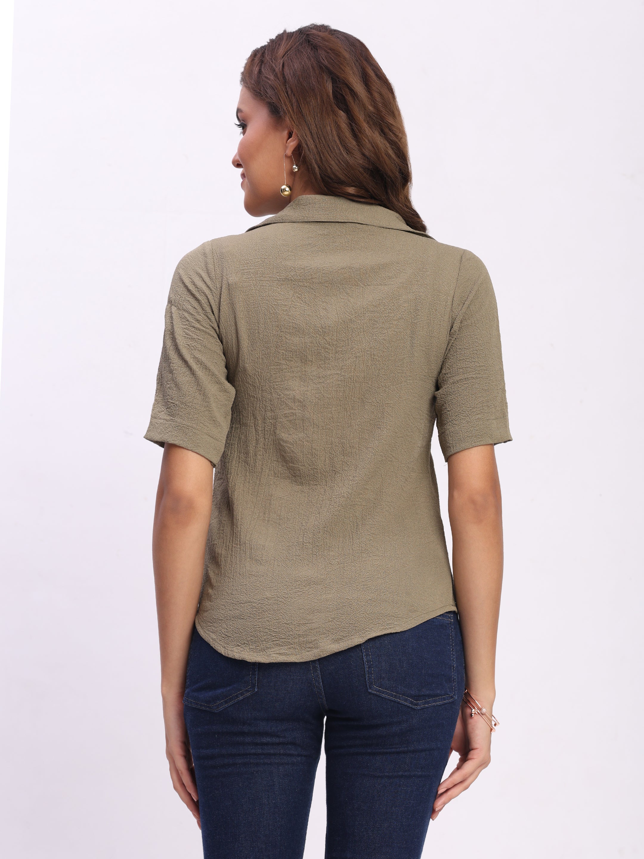 Trendrush Women Khakhee Green Lapel Collar Short Sleeve Top