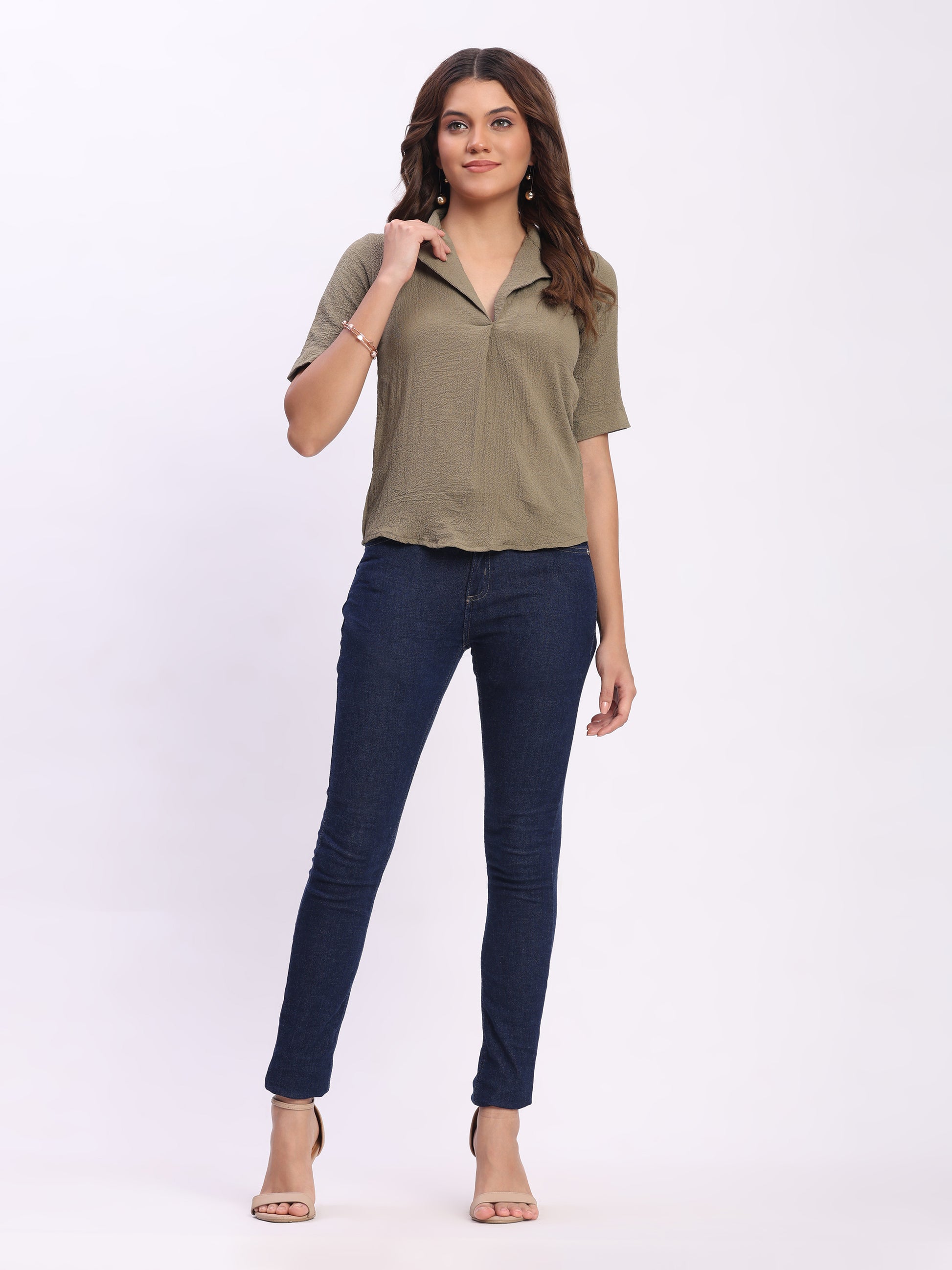 Trendrush Women Khakhee Green Lapel Collar Short Sleeve Top