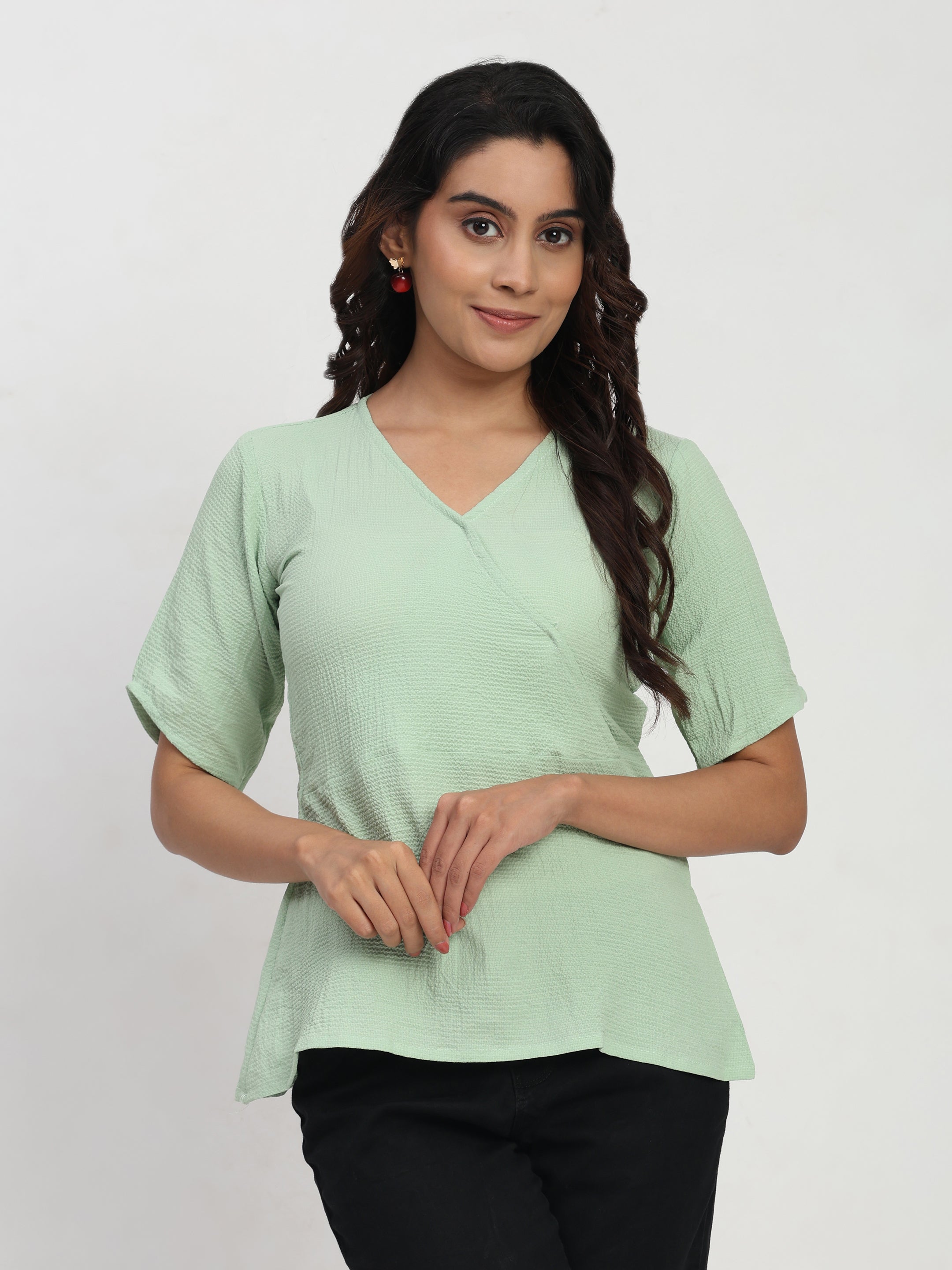 TrendRush Women Light Green V-Neck Wrap Formal Short Sleeve Top