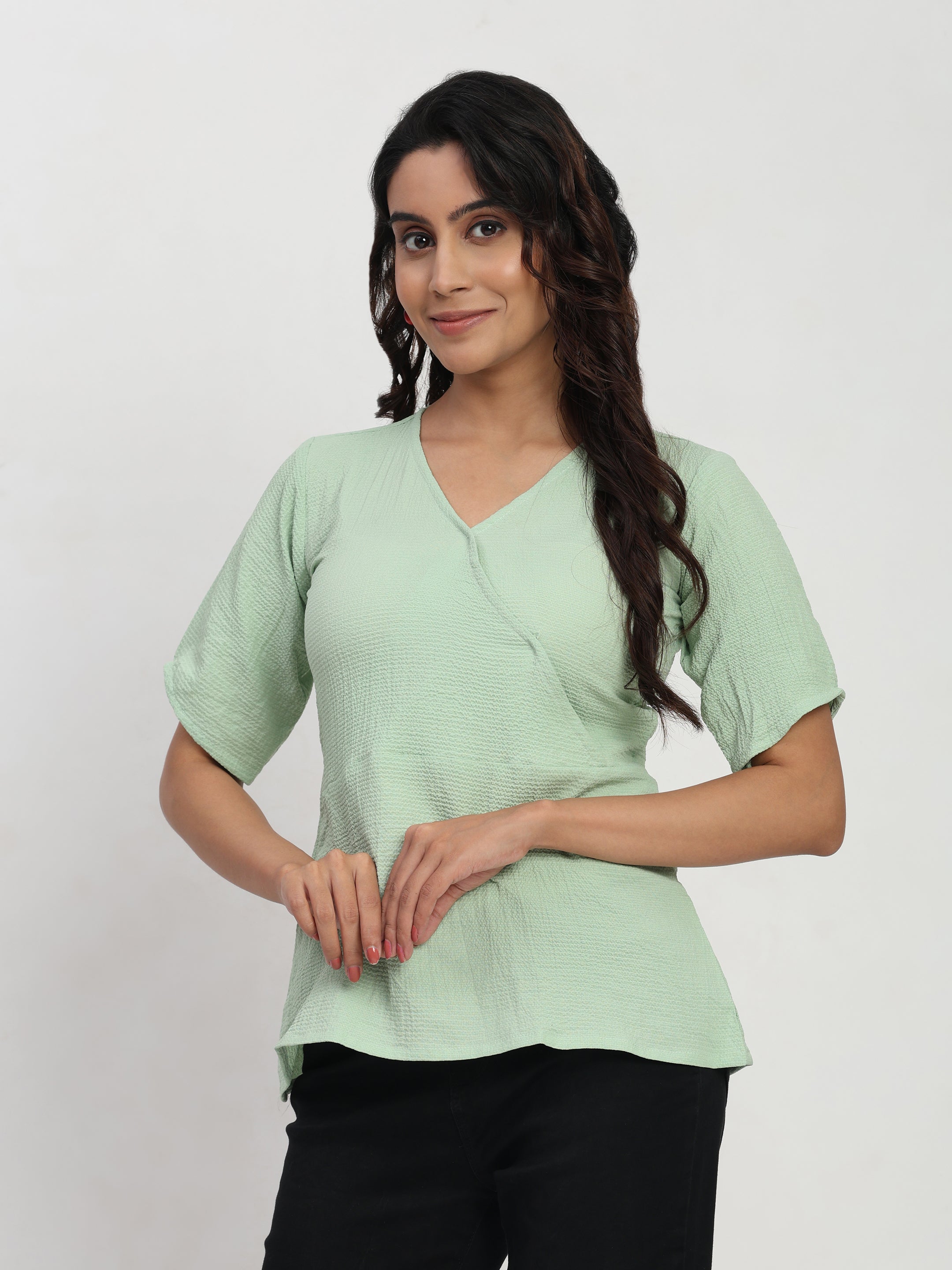 TrendRush Women Light Green V-Neck Wrap Formal Short Sleeve Top