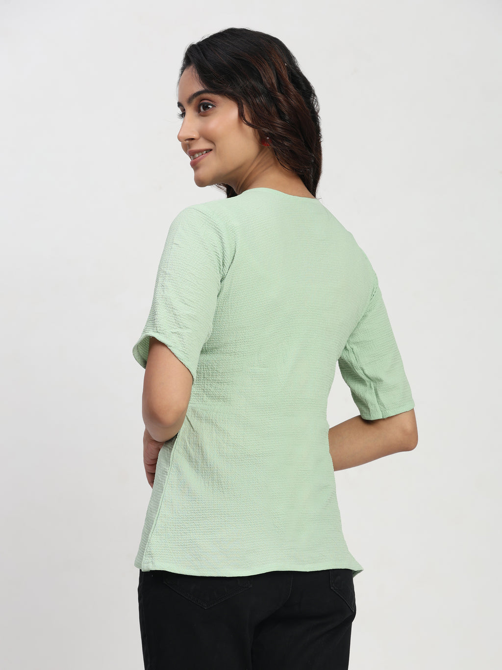 TrendRush Women Light Green V-Neck Wrap Formal Short Sleeve Top