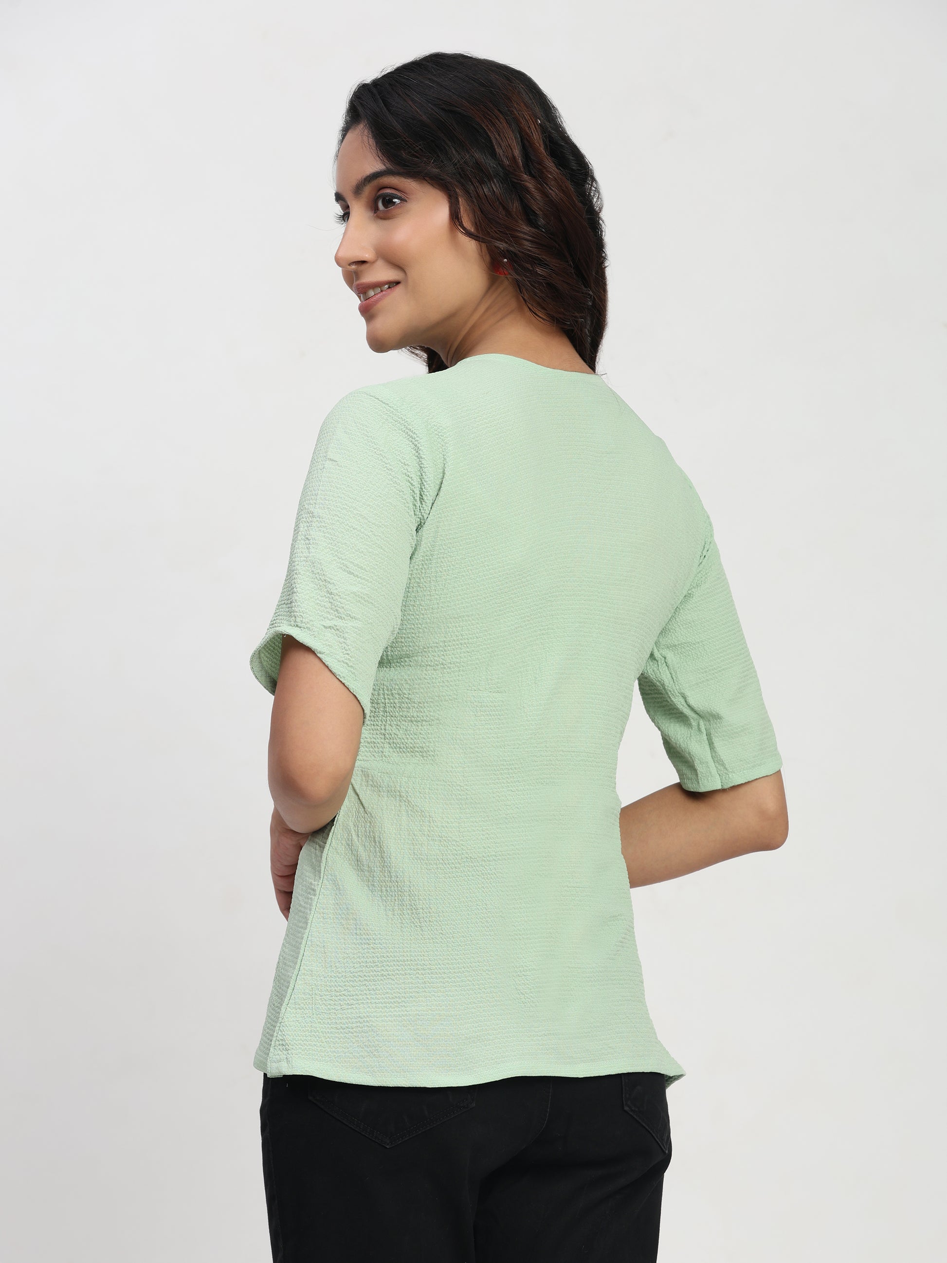 TrendRush Women Light Green V-Neck Wrap Formal Short Sleeve Top