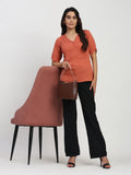 TrendRush Women Orange V-Neck Wrap Casual Short Sleeve Top