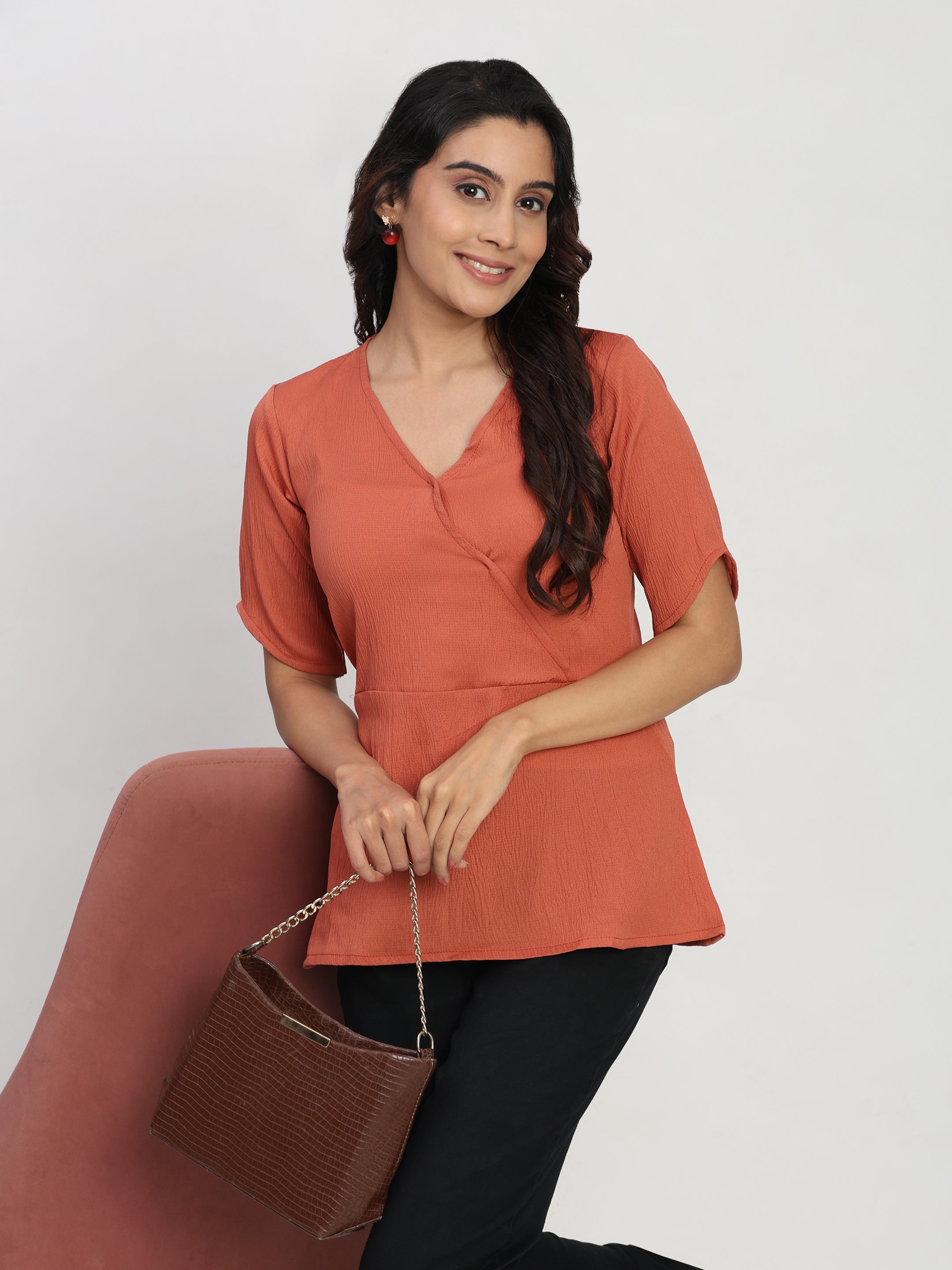 TrendRush Women Orange V-Neck Wrap Casual Short Sleeve Top