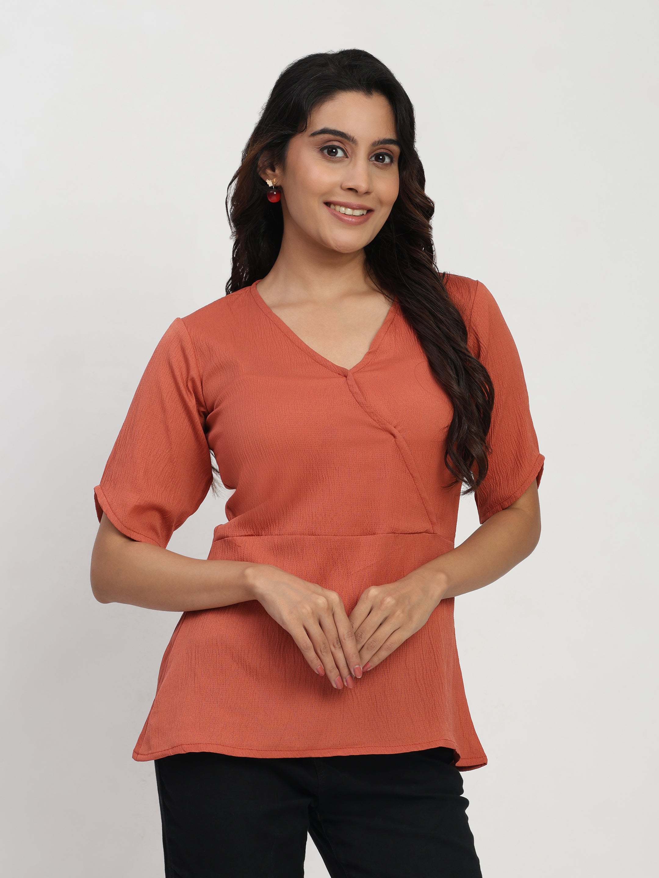 TrendRush Women Orange V-Neck Wrap Casual Short Sleeve Top