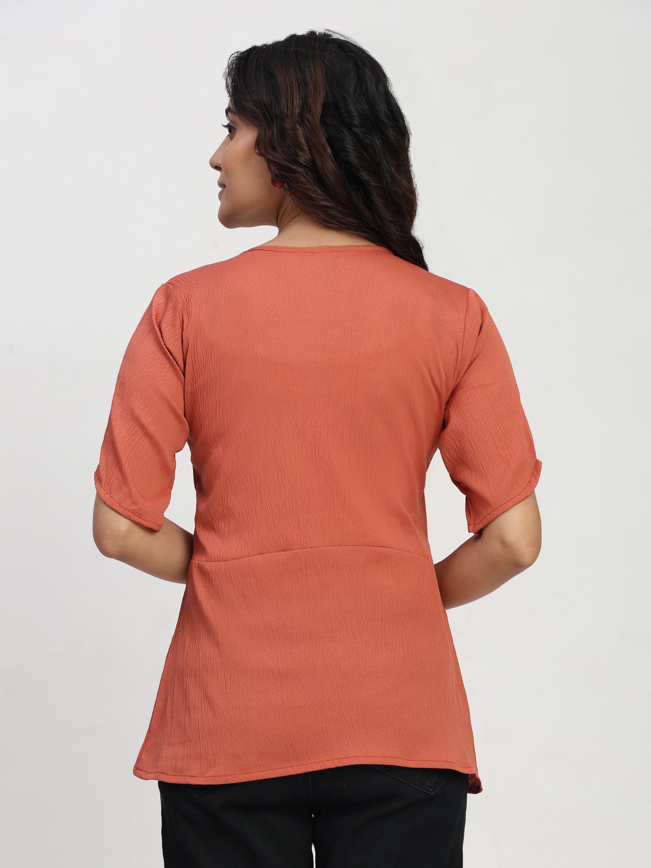 TrendRush Women Orange V-Neck Wrap Casual Short Sleeve Top