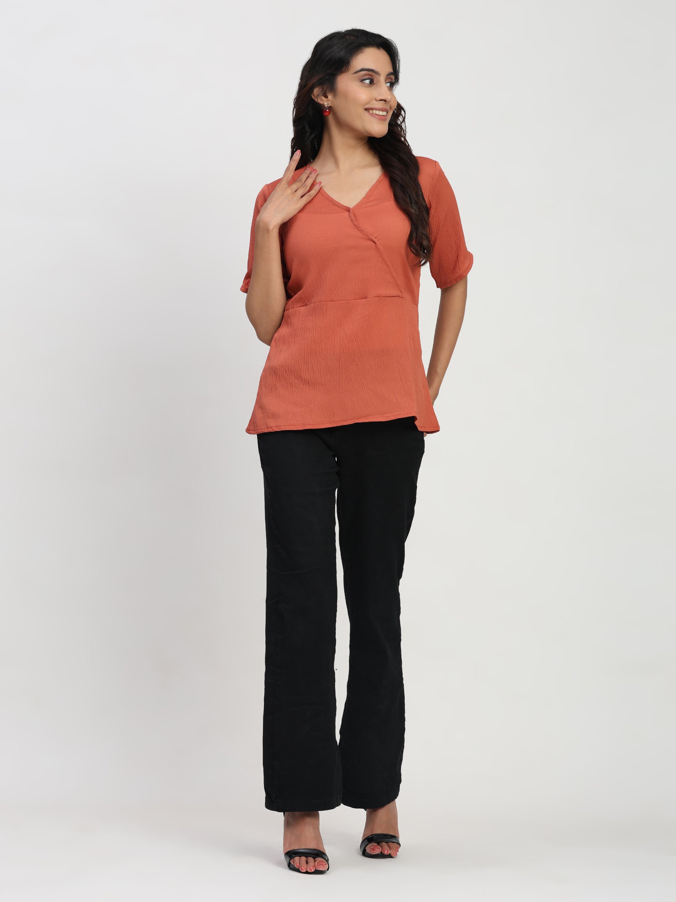 TrendRush Women Orange V-Neck Wrap Casual Short Sleeve Top