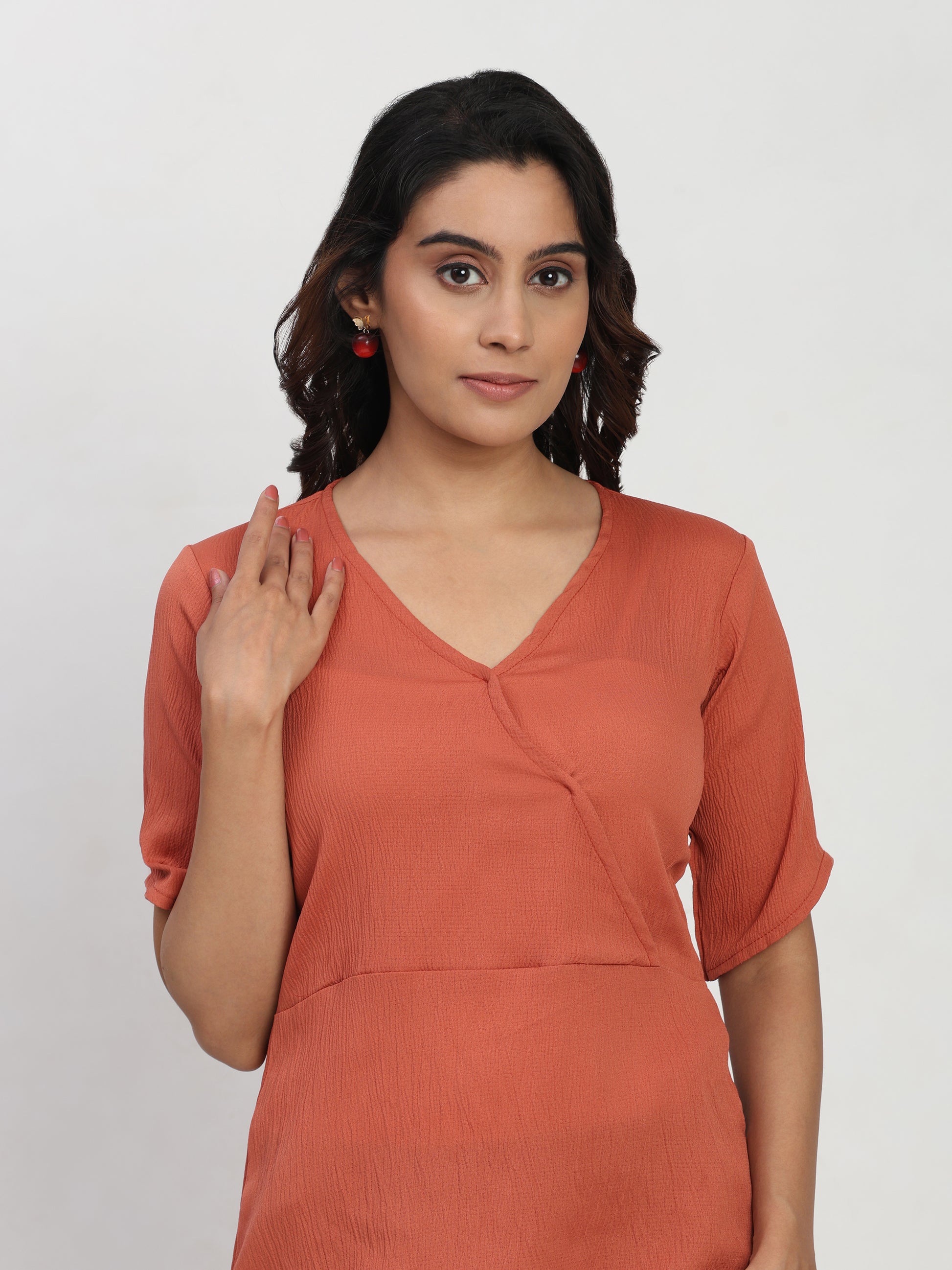 TrendRush Women Orange V-Neck Wrap Casual Short Sleeve Top