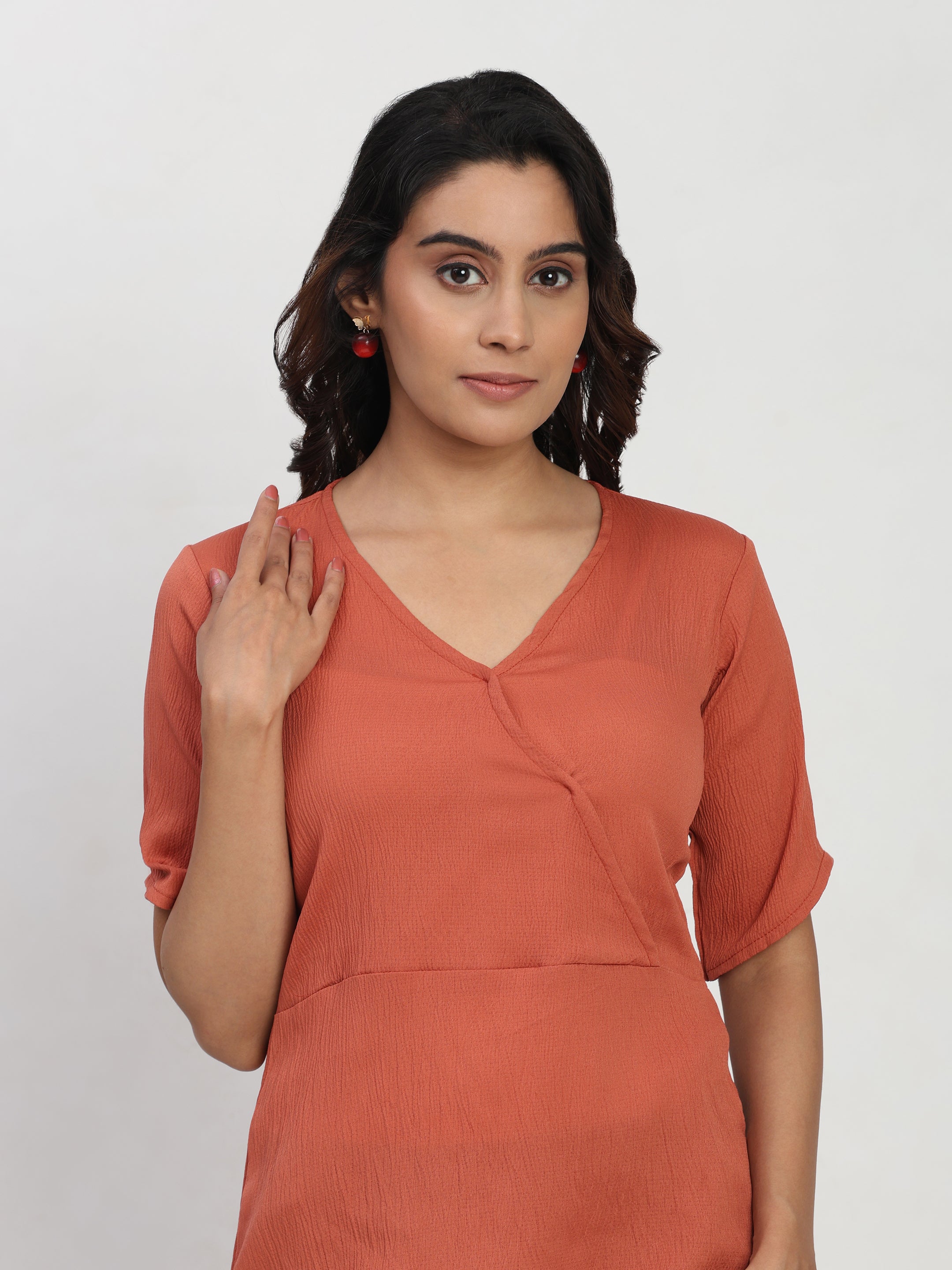TrendRush Women Orange V-Neck Wrap Casual Short Sleeve Top