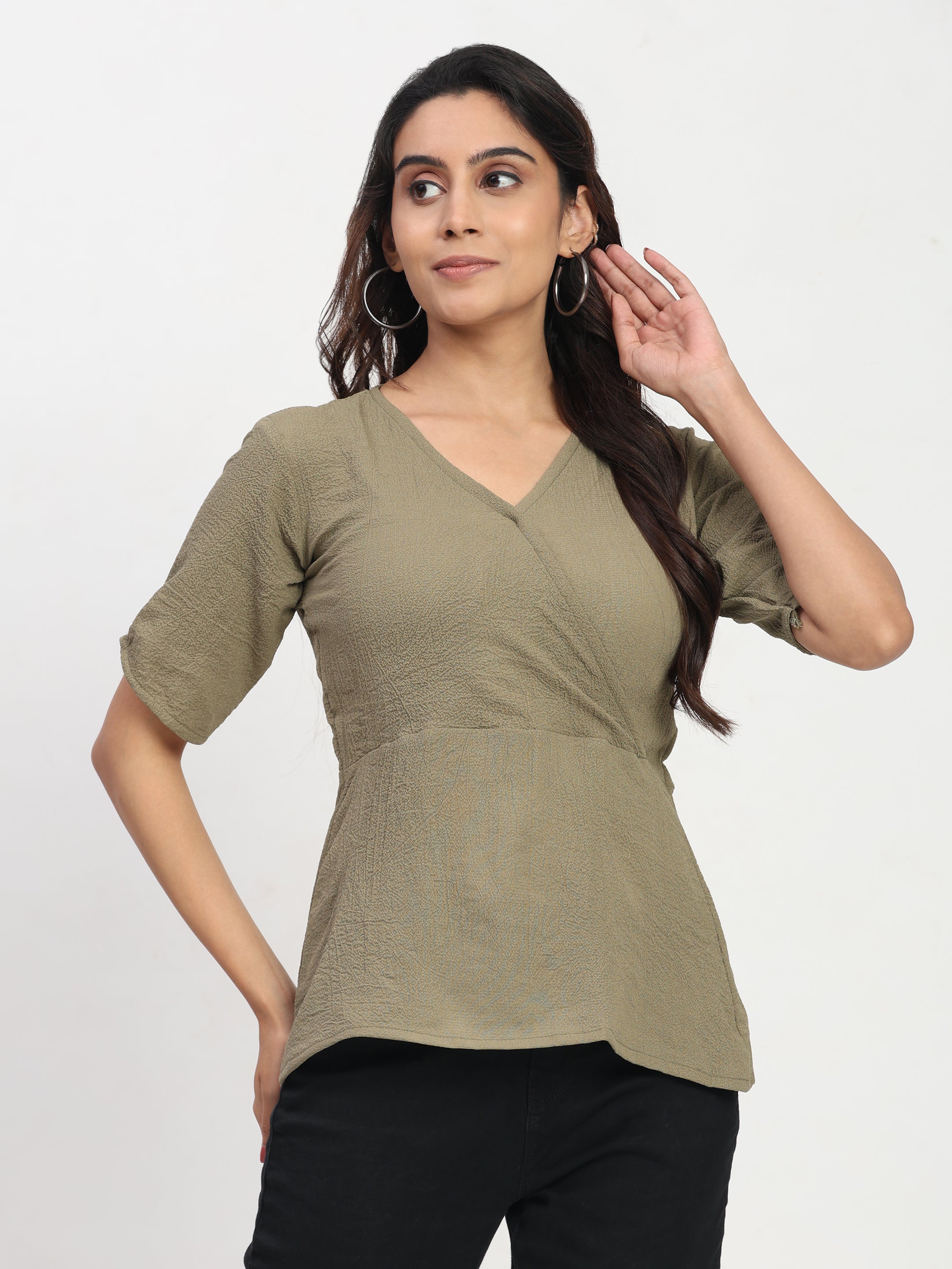 TrendRush Women Khakhi Green V-Neck Wrap Trendy Short Sleeve Top