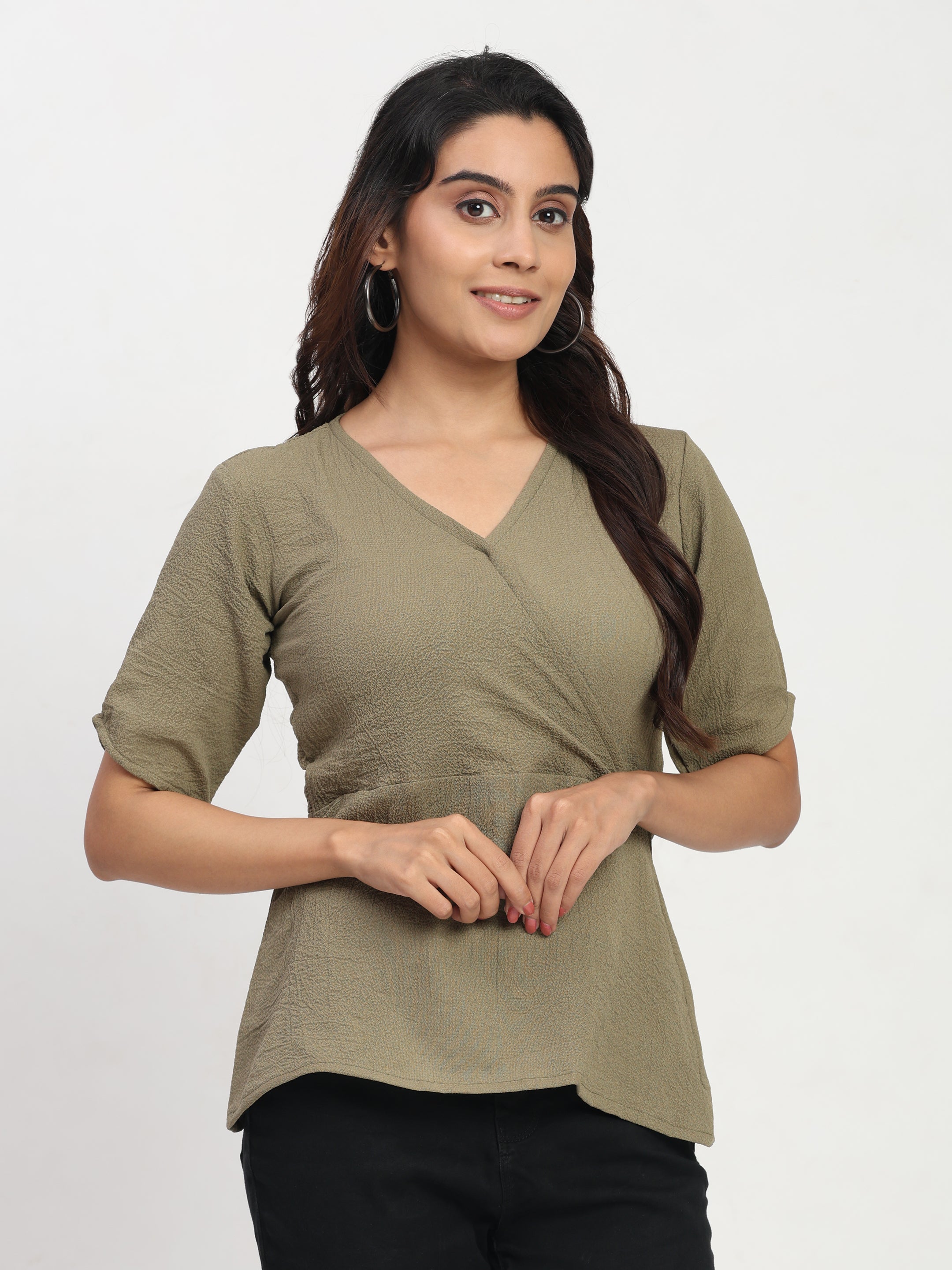 TrendRush Women Khakhi Green V-Neck Wrap Trendy Short Sleeve Top