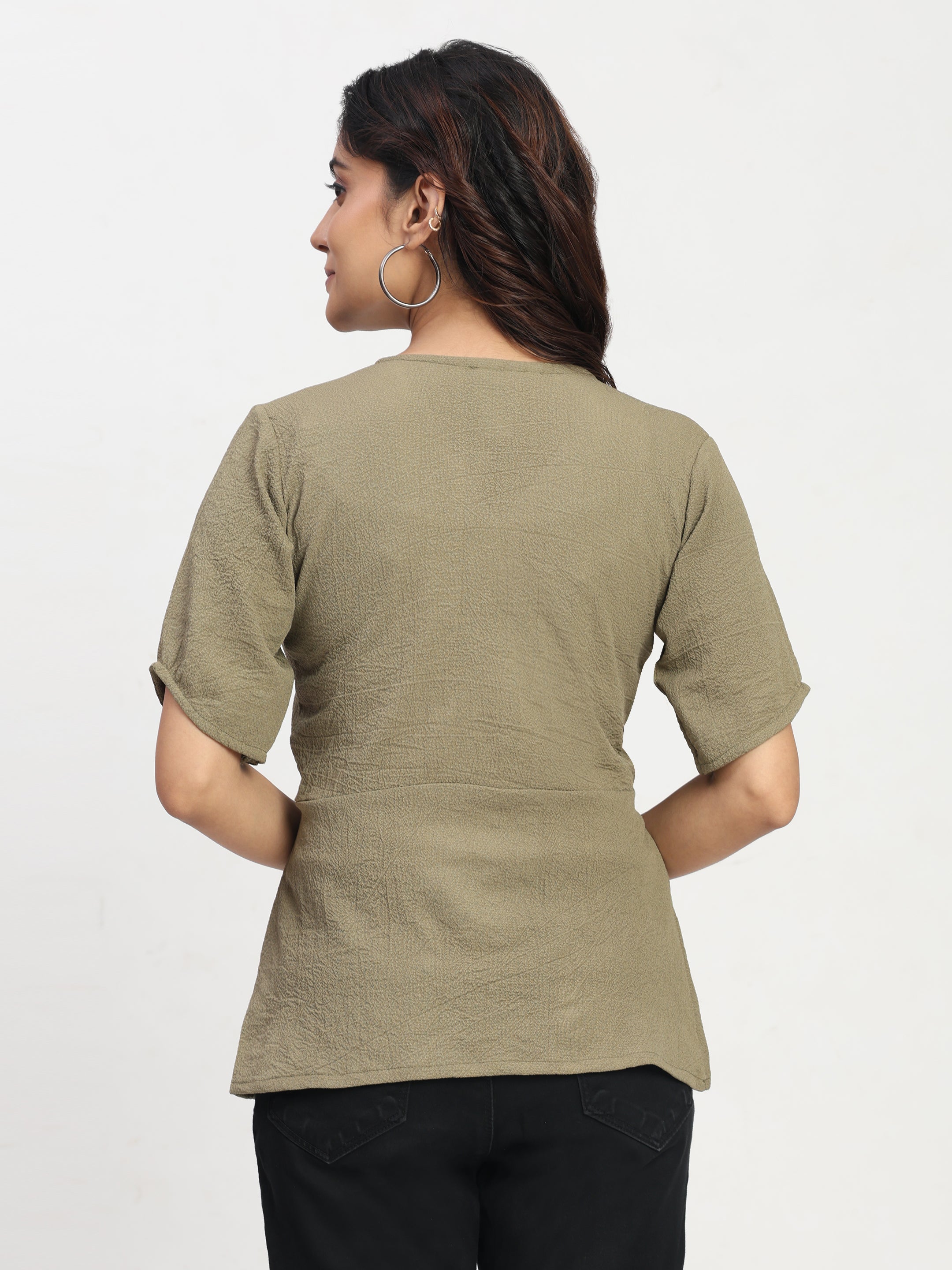 TrendRush Women Khakhi Green V-Neck Wrap Trendy Short Sleeve Top