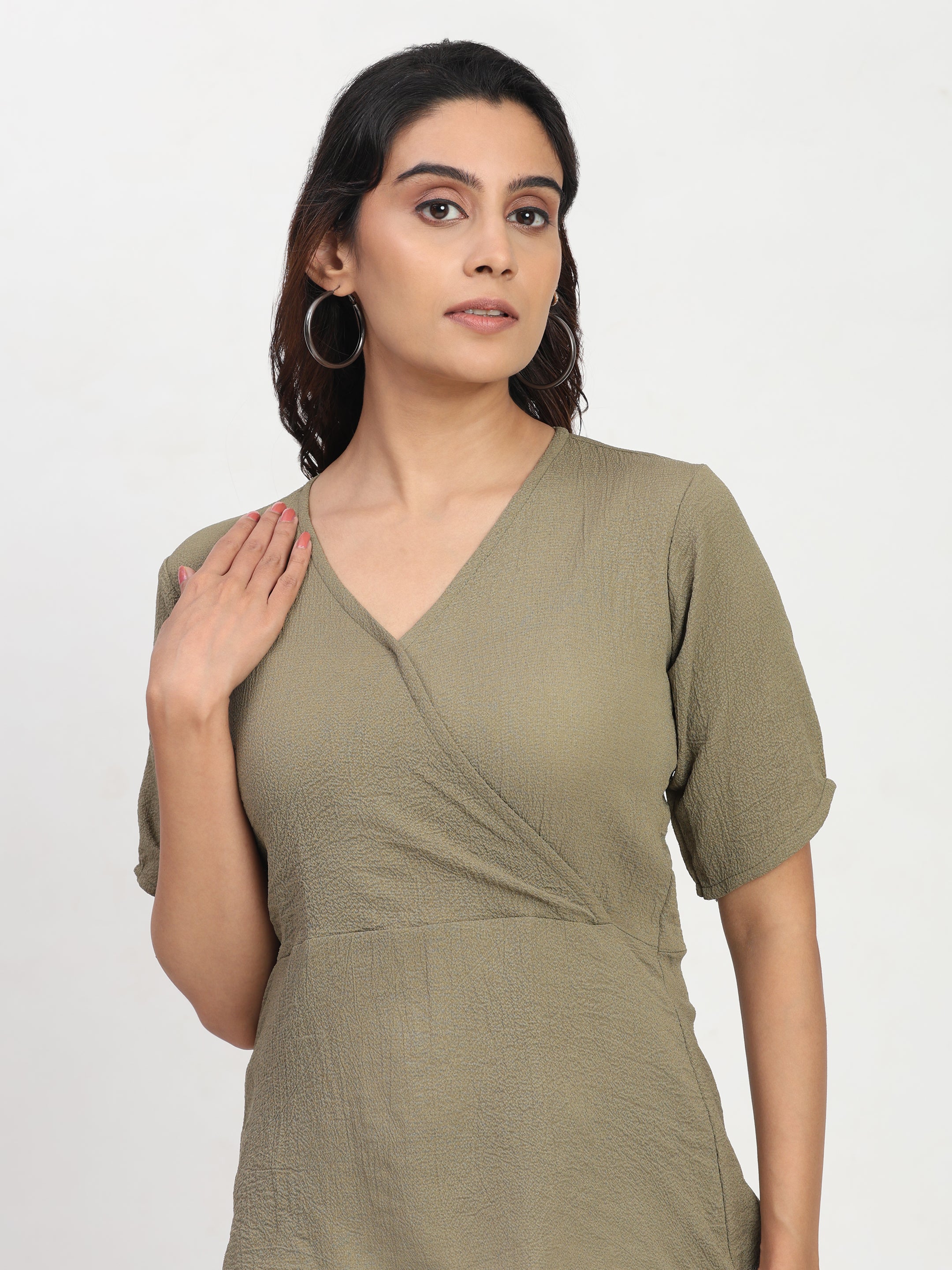 TrendRush Women Khakhi Green V-Neck Wrap Trendy Short Sleeve Top