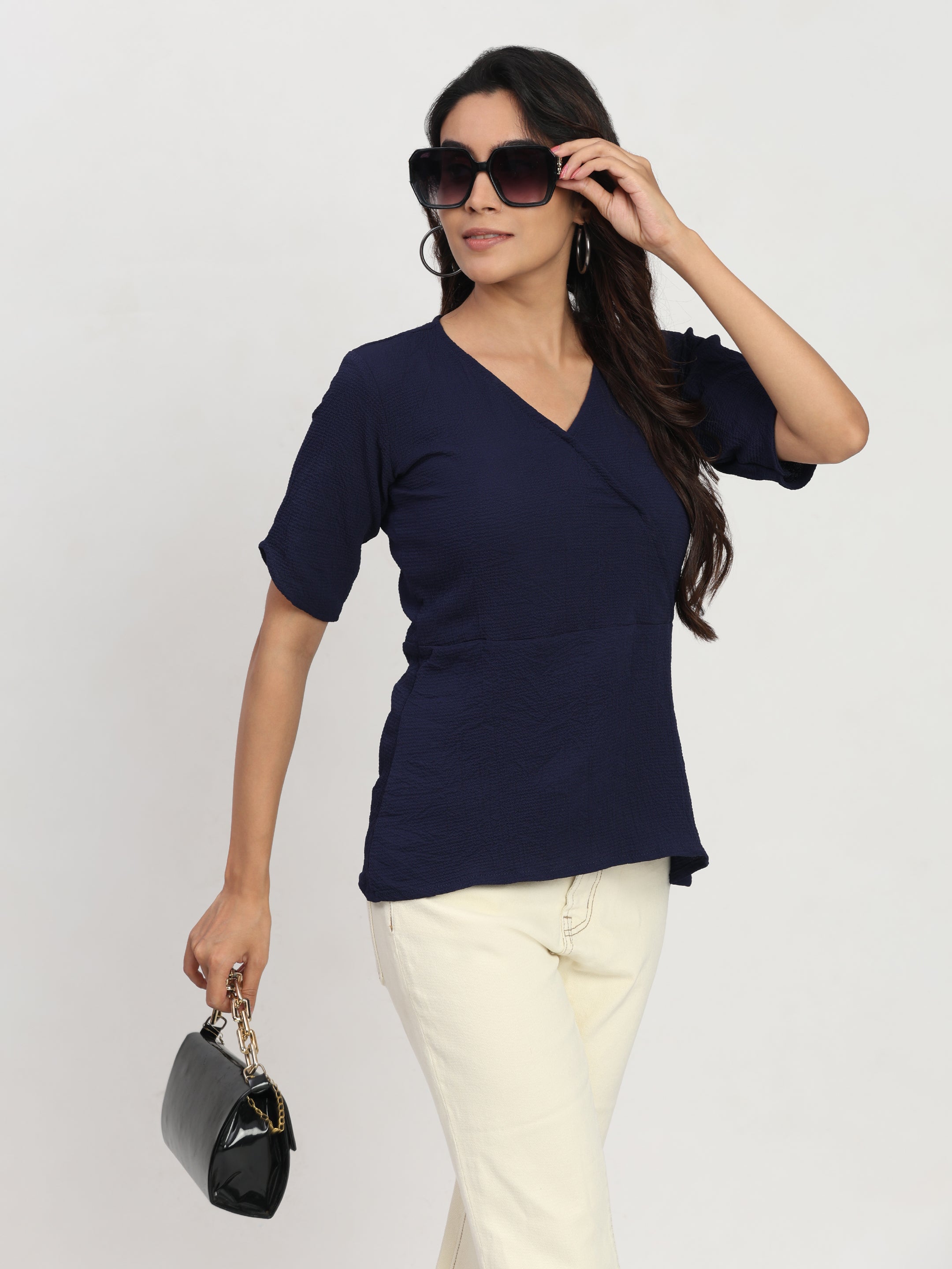 TrendRush Women V-Neck Blue Wrap Smart Casual Short Sleeve Top