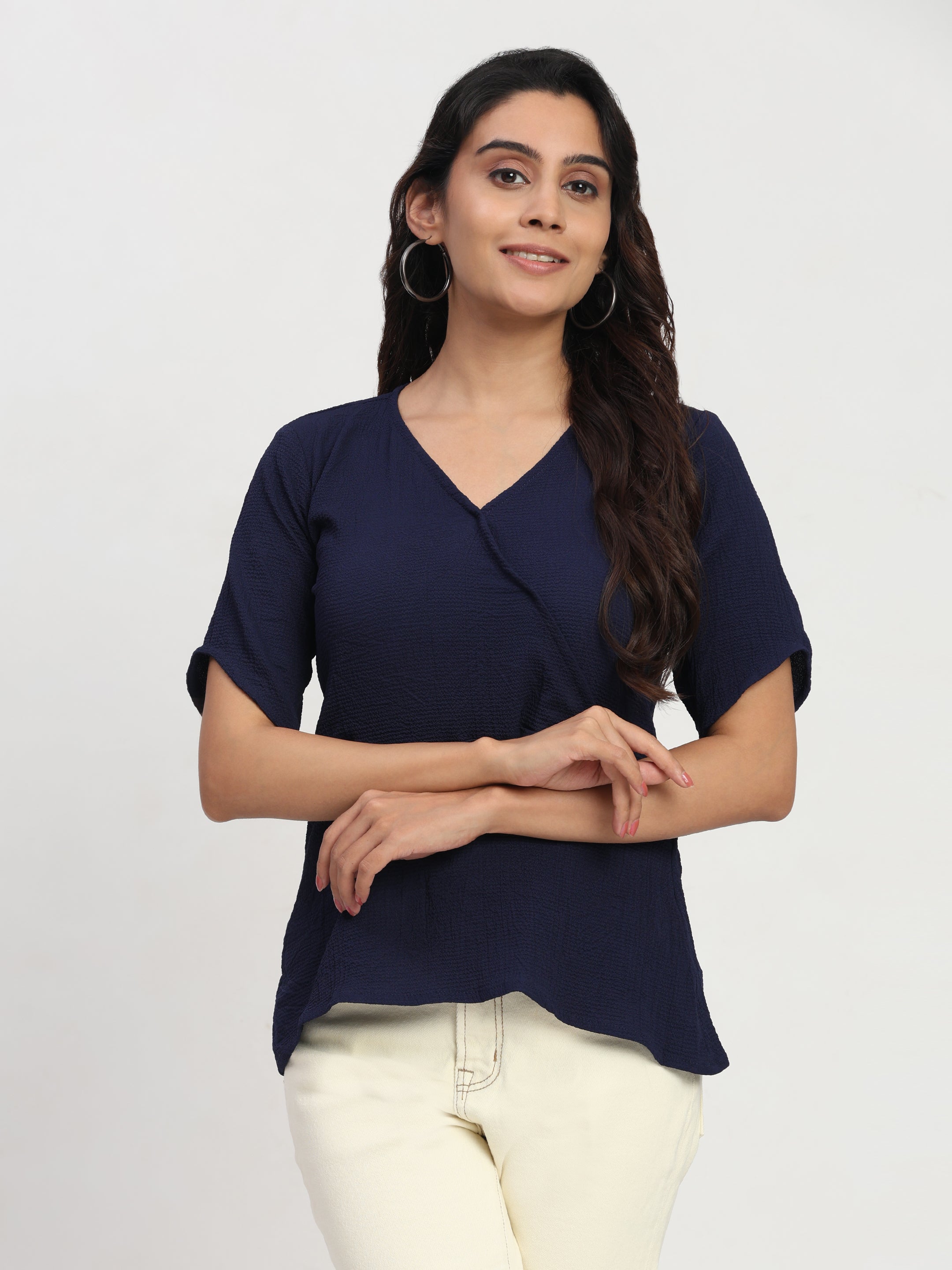 TrendRush Women V-Neck Blue Wrap Smart Casual Short Sleeve Top