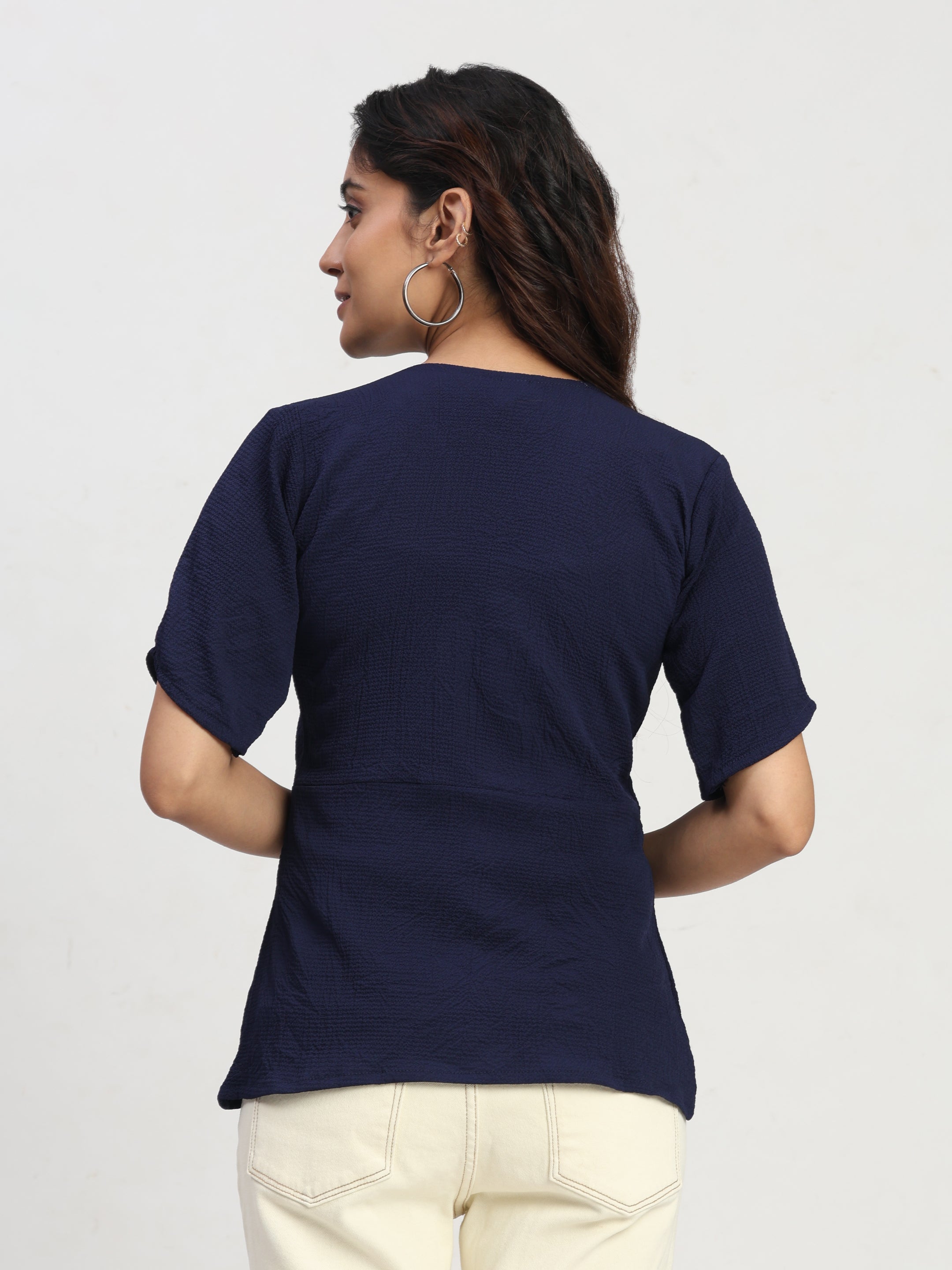 TrendRush Women V-Neck Blue Wrap Smart Casual Short Sleeve Top