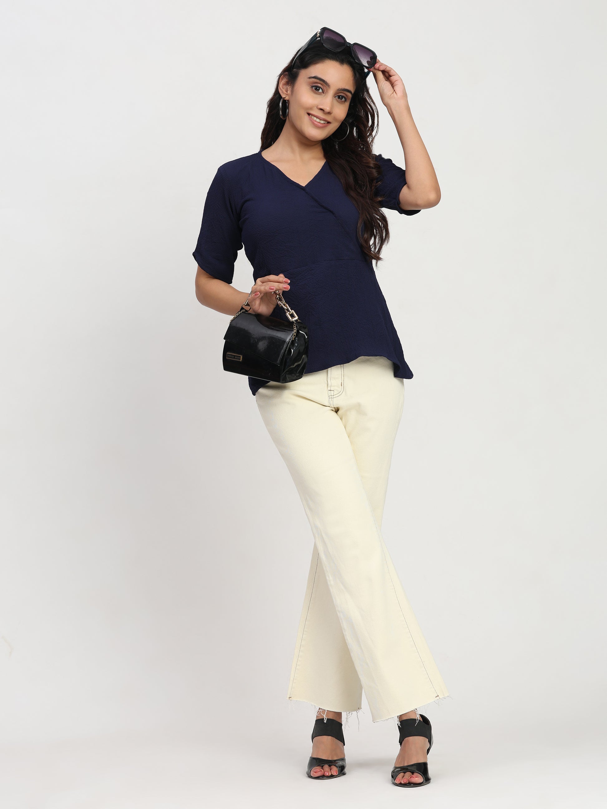 TrendRush Women V-Neck Blue Wrap Smart Casual Short Sleeve Top