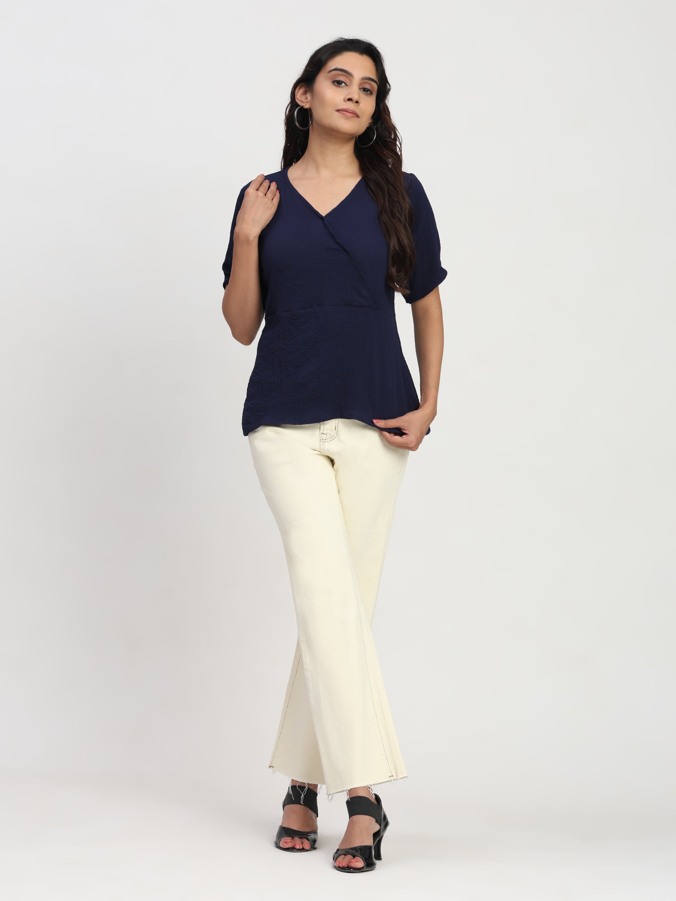 TrendRush Women V-Neck Blue Wrap Smart Casual Short Sleeve Top