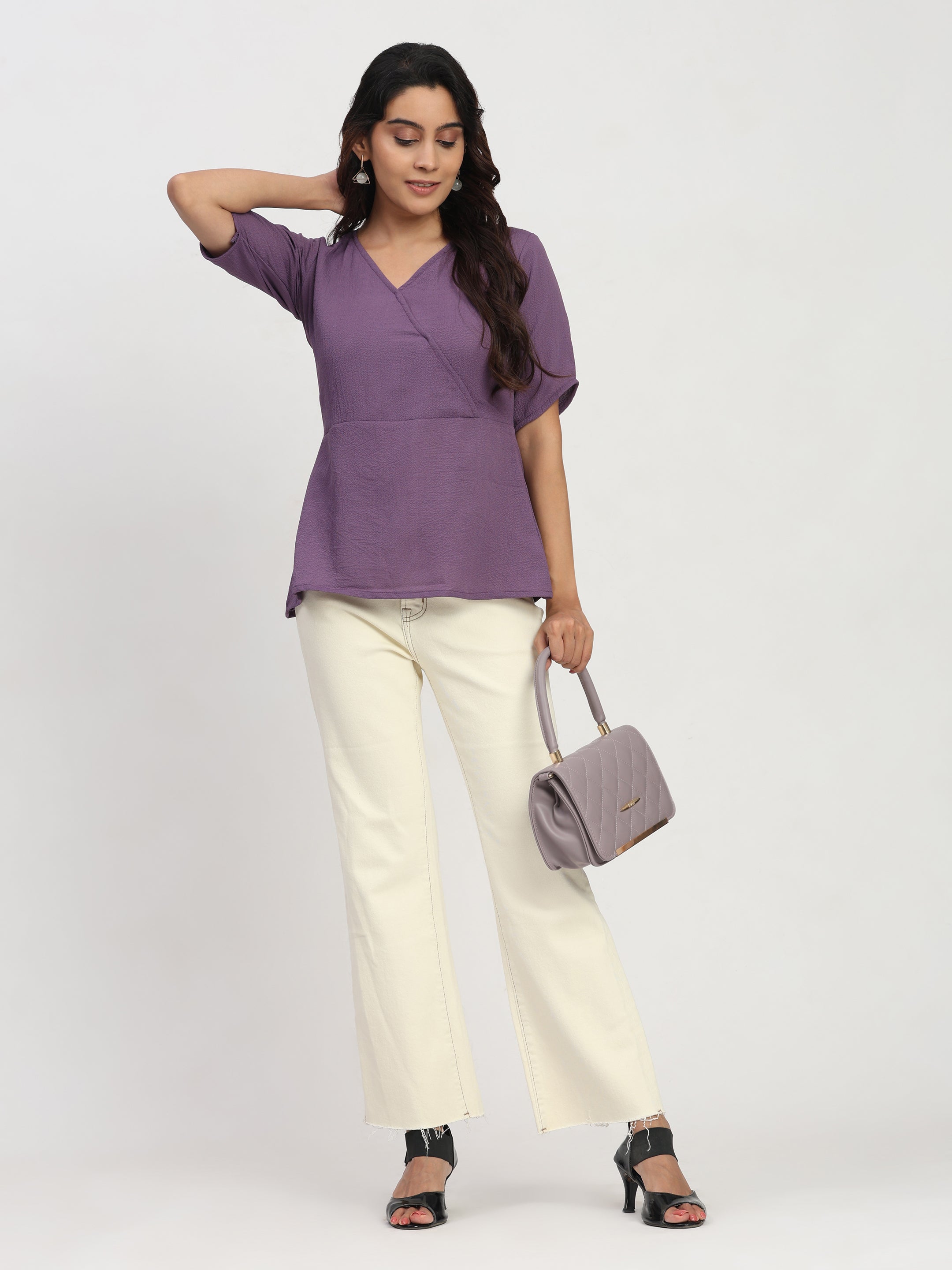 TrendRush Women Purple V-Neck Wrap Party Short Sleeve Top